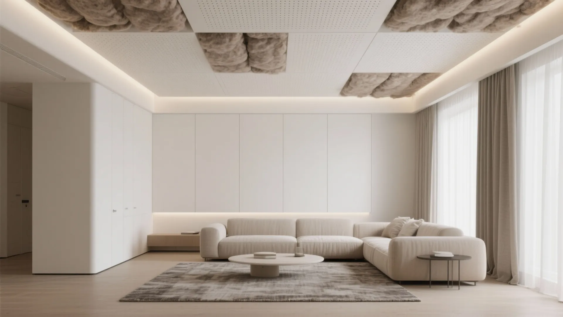 Minimalist living room showing white sofa grey rug round coffee table and decorative textured ceiling panels