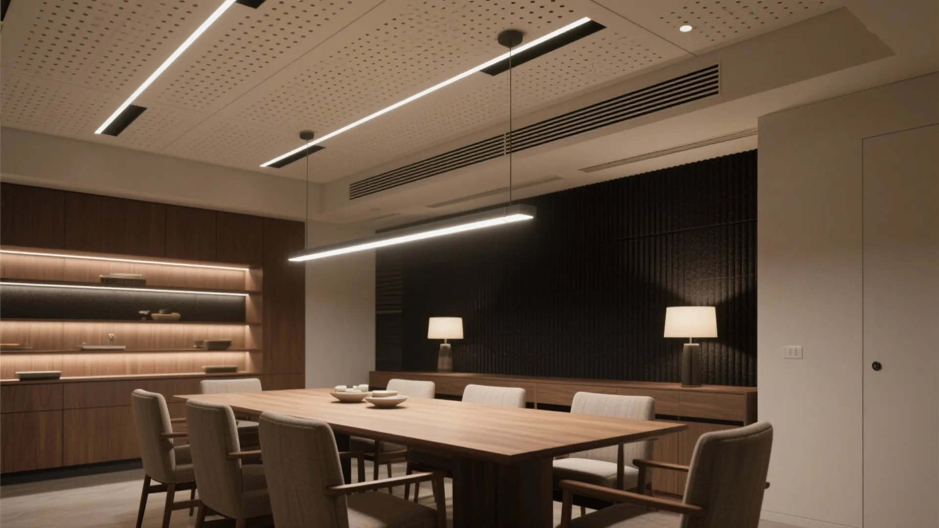 Acoustic gypsum ceiling with integrated HVAC