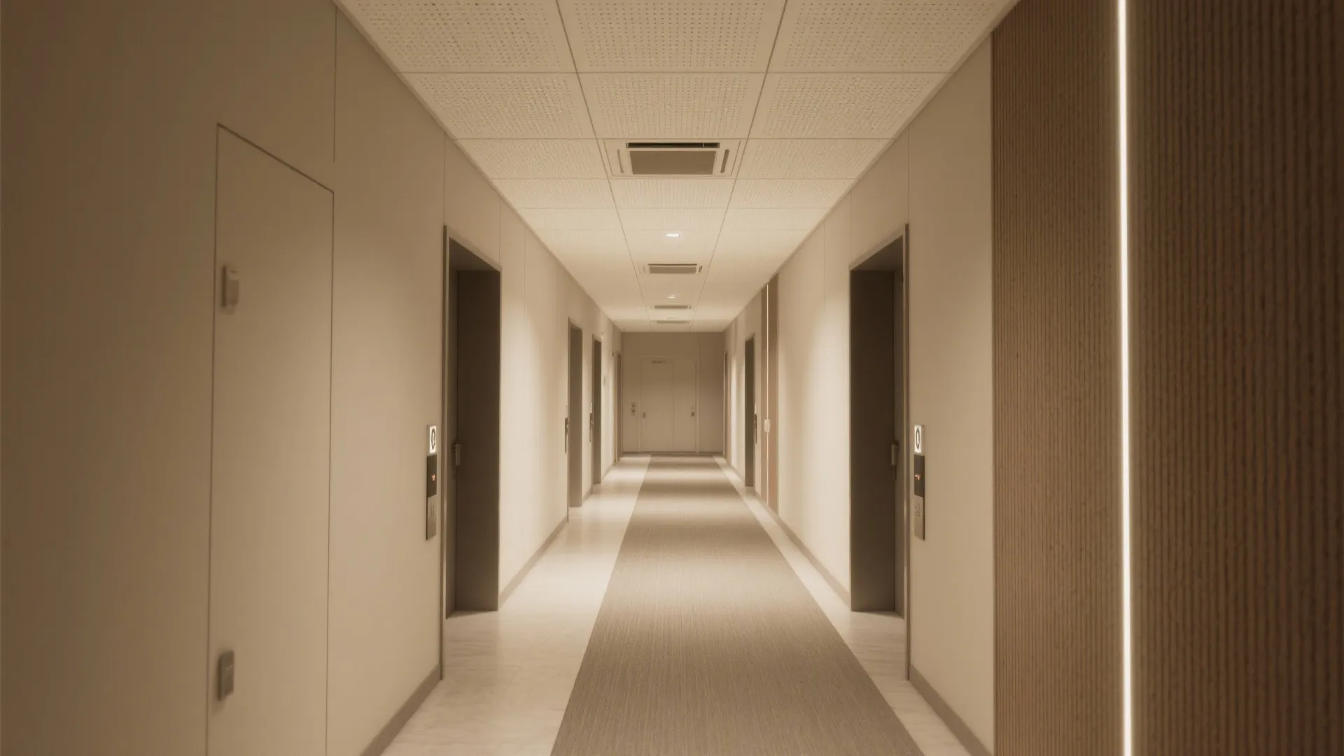 Minimalist hallway featuring white walls dark doors grey carpet runner and bright recessed ceiling lights