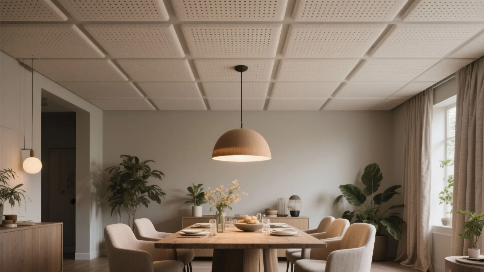 Dining ceiling with perforated gypsum acoustic panels aligned over the table for intimate conversations.