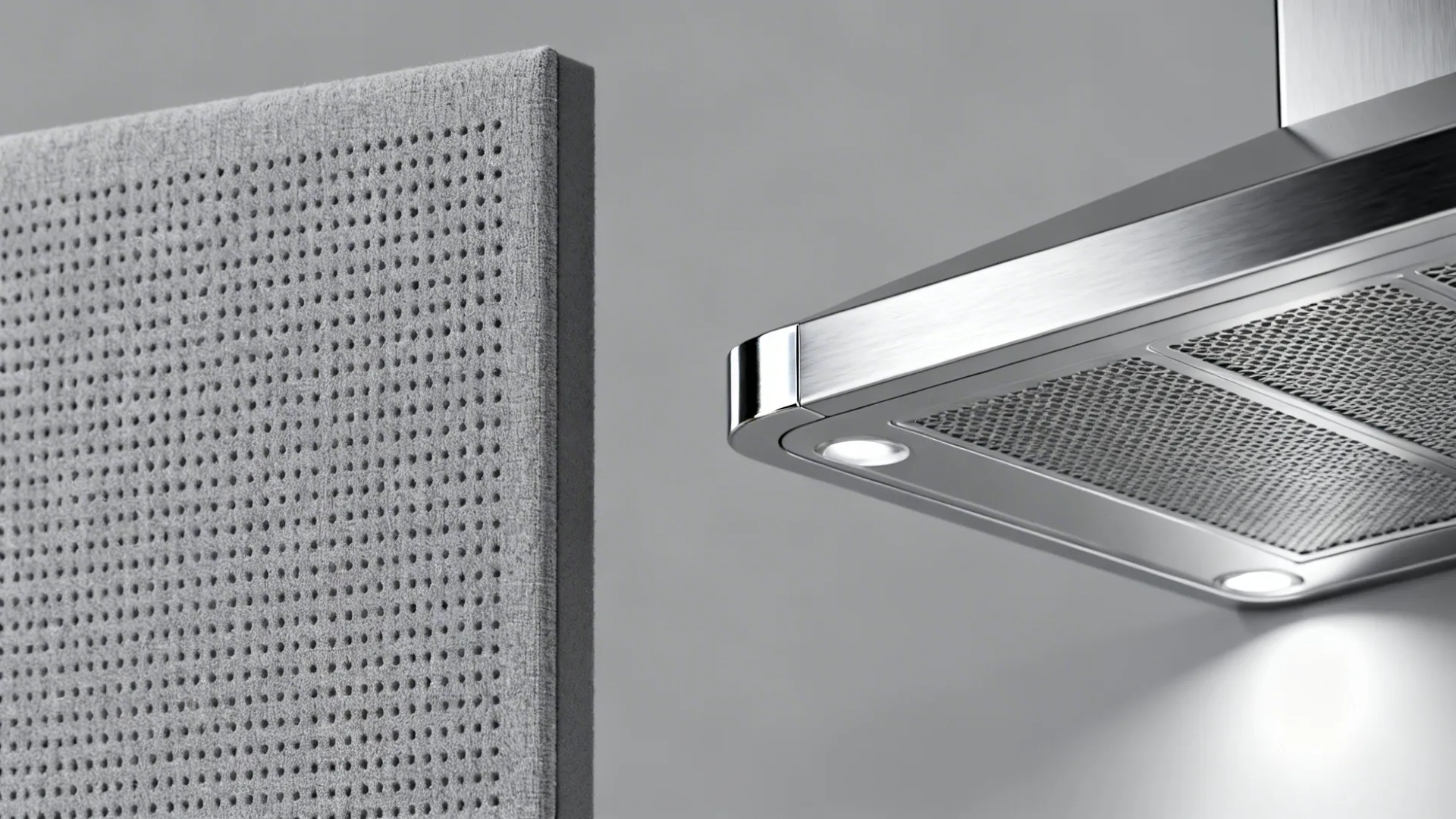 Close-up of acoustic panel texture next to a modern range hood vent illustrating noise and ventilation solutions