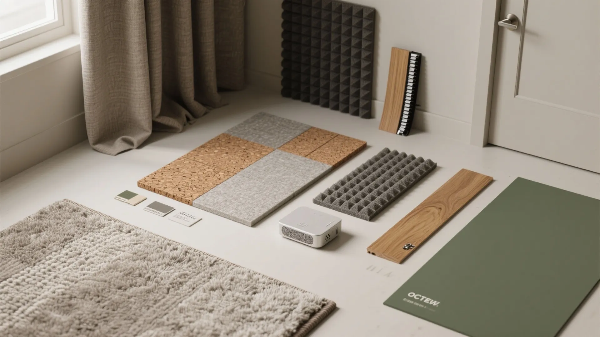Collection of interior materials featuring sound foam cork tiles wood flooring carpet and green wall panel