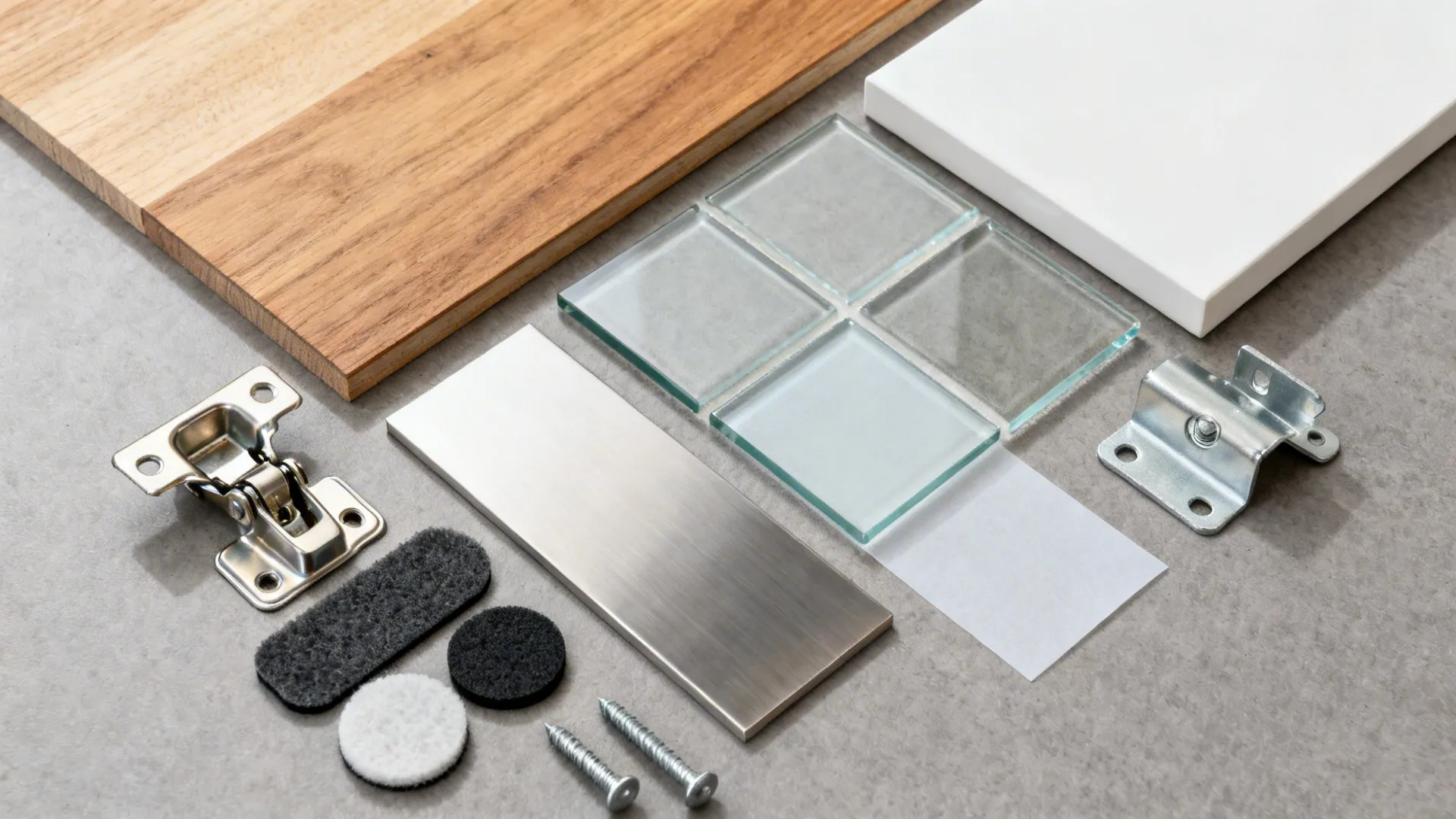 Flat lay of isolation pads, soft-close hardware, glass backsplash, and stainless samples for noise control.