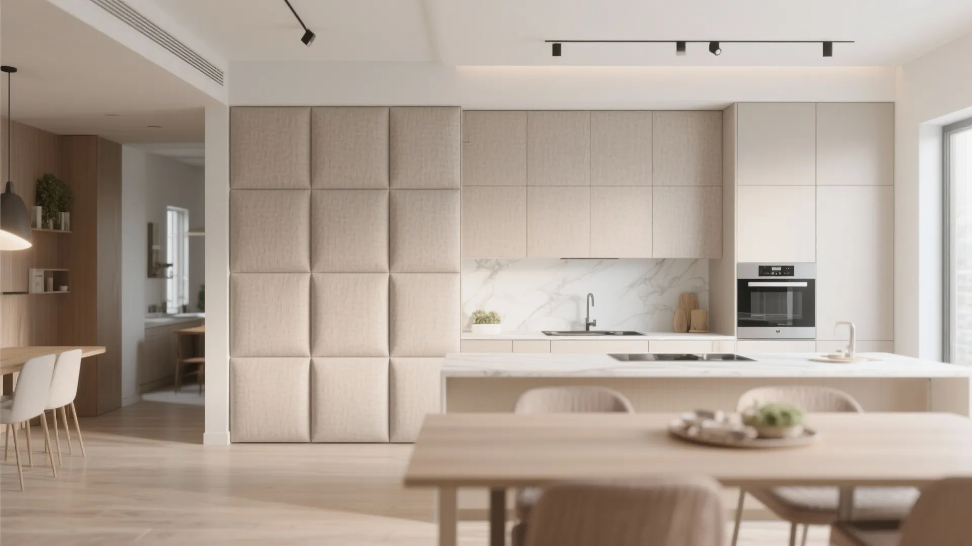 Minimalist cream kitchen featuring a large fabric wall panel next to marble counters and island