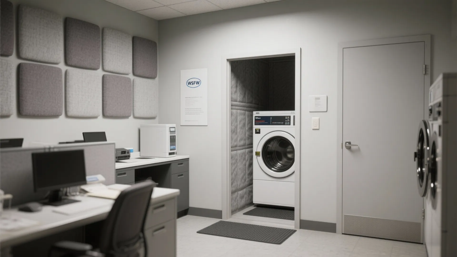 4) Acoustic Laundry Office with Soft Panels and Door Sweep