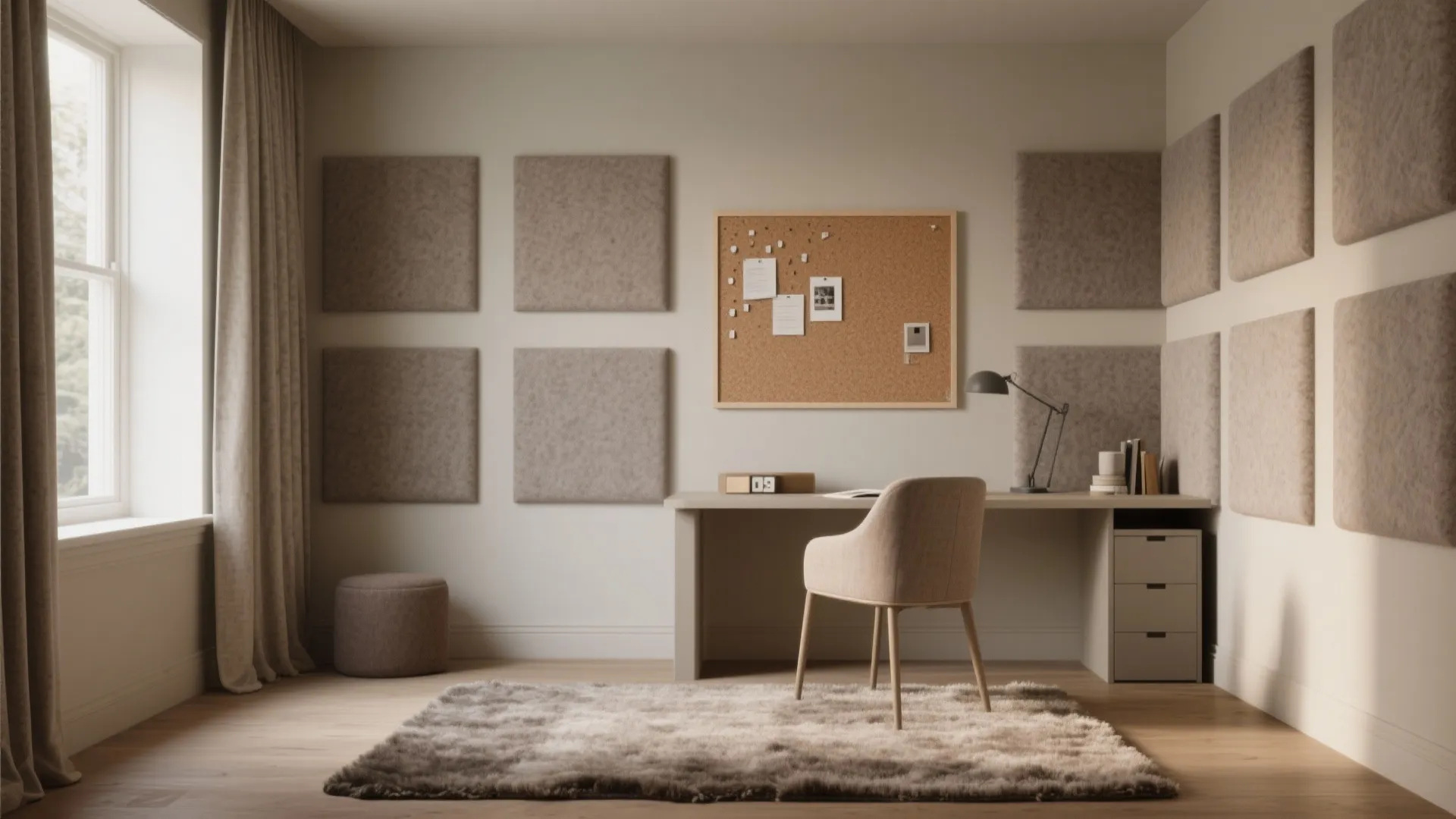 Acoustic layering with panels, rugs, and soft finishes