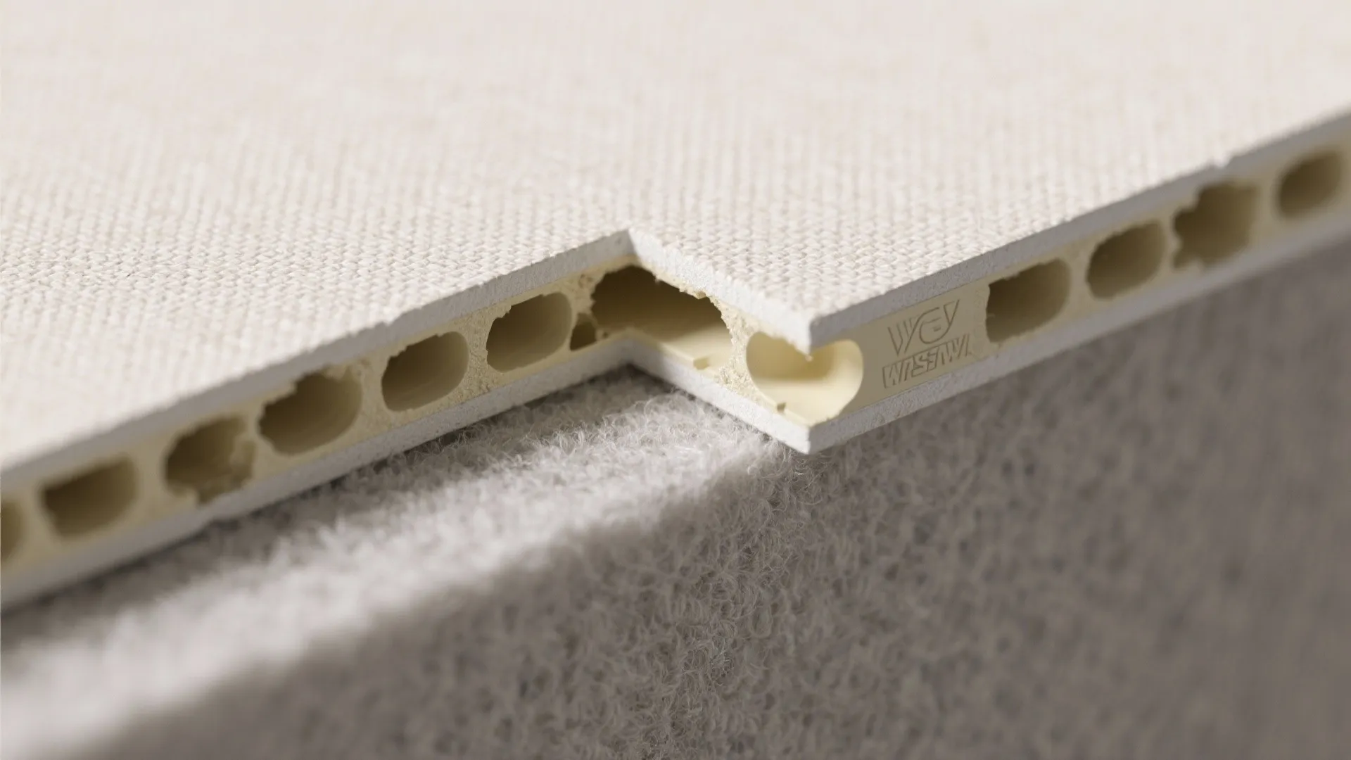 Macro cross-section of PVC ceiling panel with fine texture and acoustic felt backing layers.