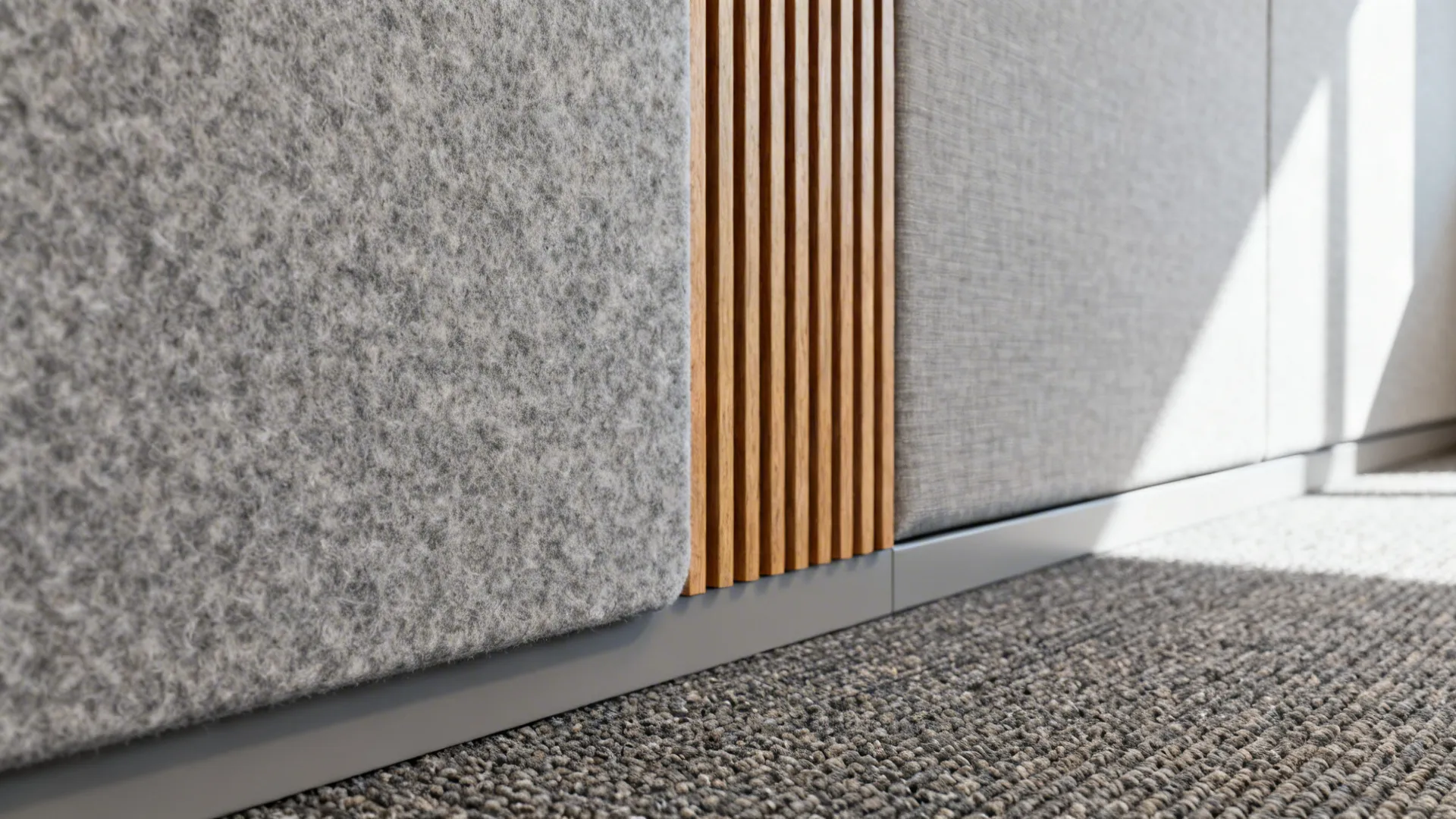 Macro view of felt ceiling baffles, carpet tile, and fabric wall panel for layered acoustics.