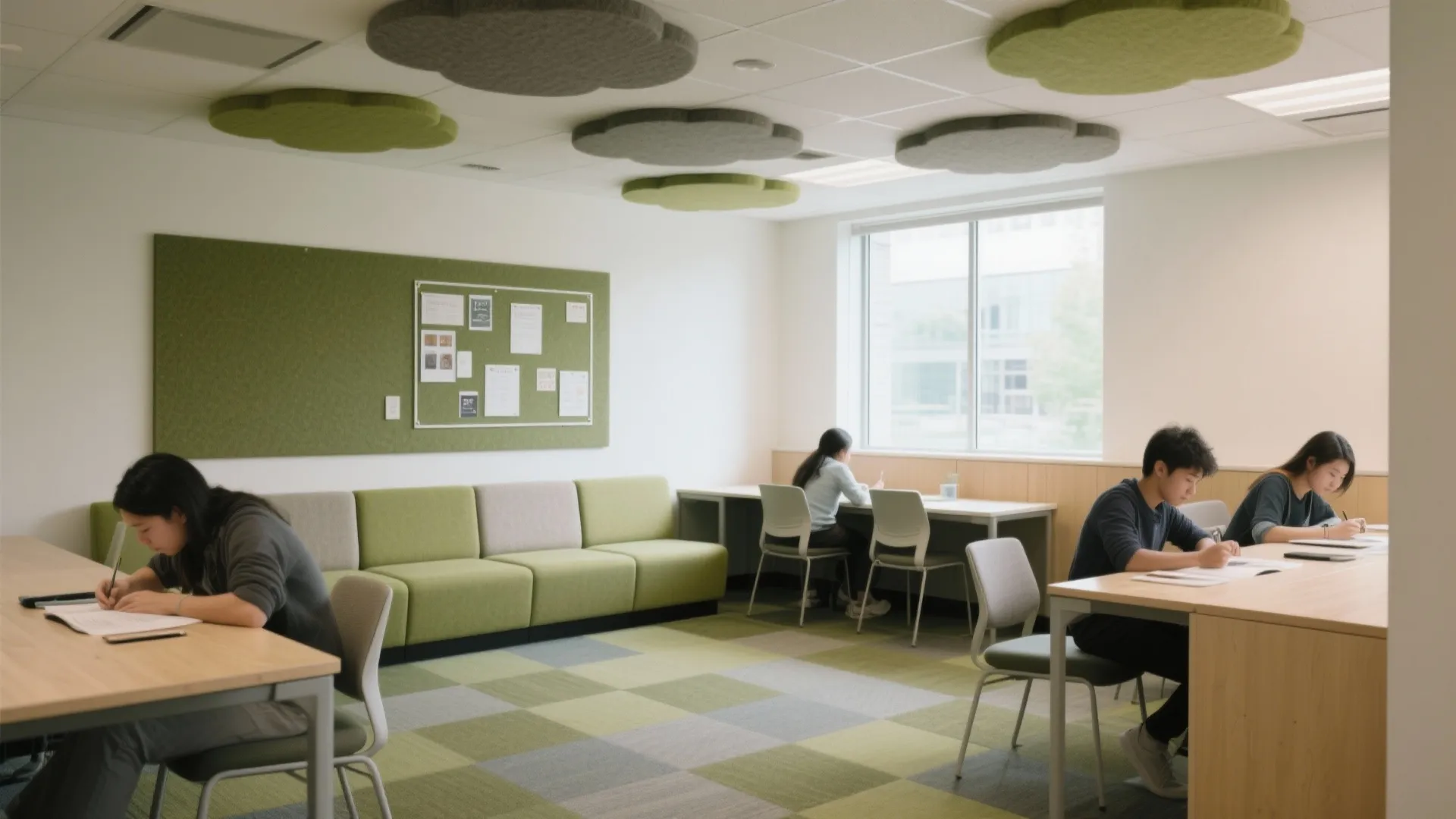 5) Acoustic layering: ceiling, wall, and soft flooring