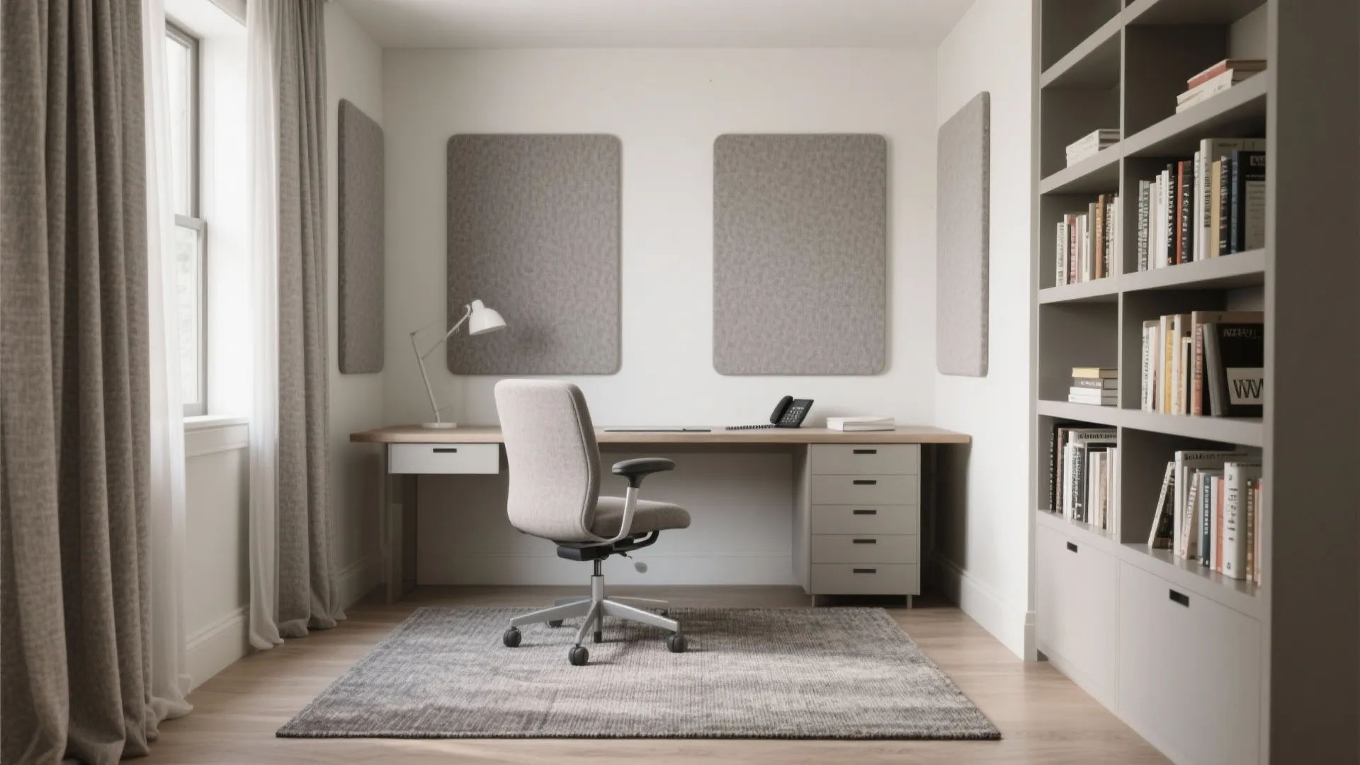 Acoustic layering for focus (panels, rugs, and soft seating)