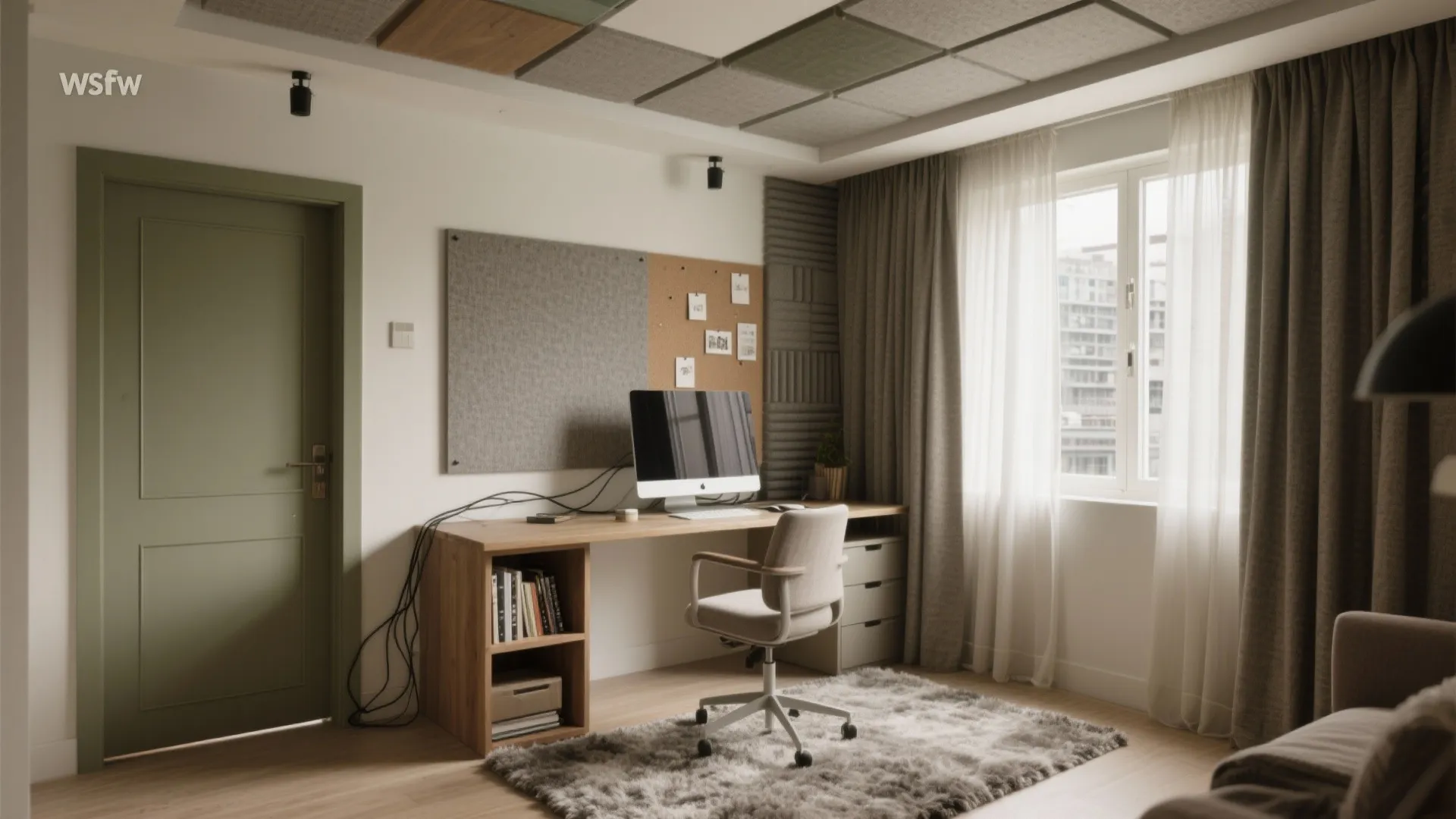 Home office with green door, wooden desk, computer, gray chair, fluffy rug, and window curtains