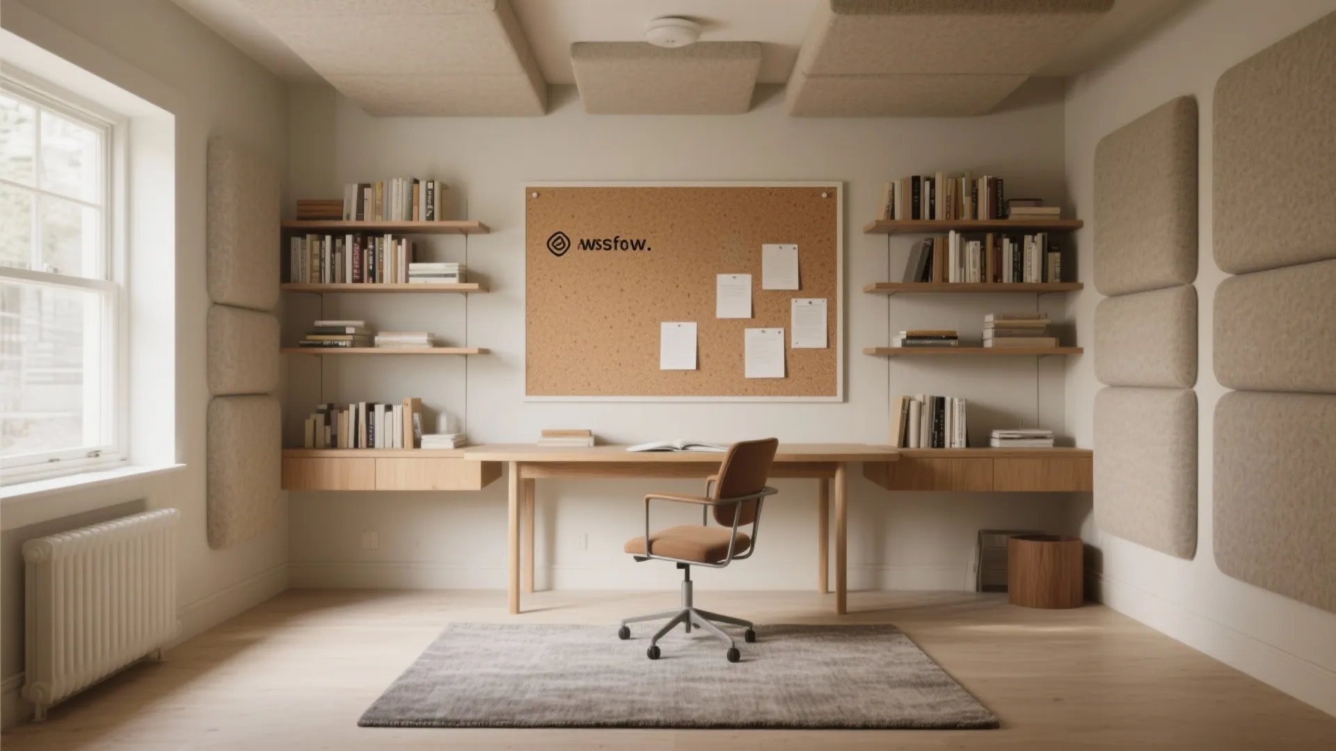 Acoustic layering: rug, soft panels, and books