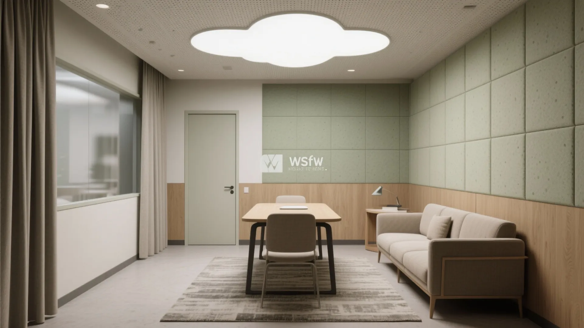 Modern meeting room with cloud ceiling light green wall panels wooden desk beige sofa floor