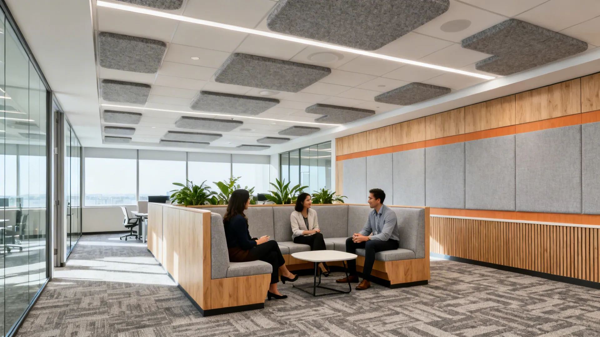 Acoustic layering: ceiling baffles, soft flooring, and wall absorption