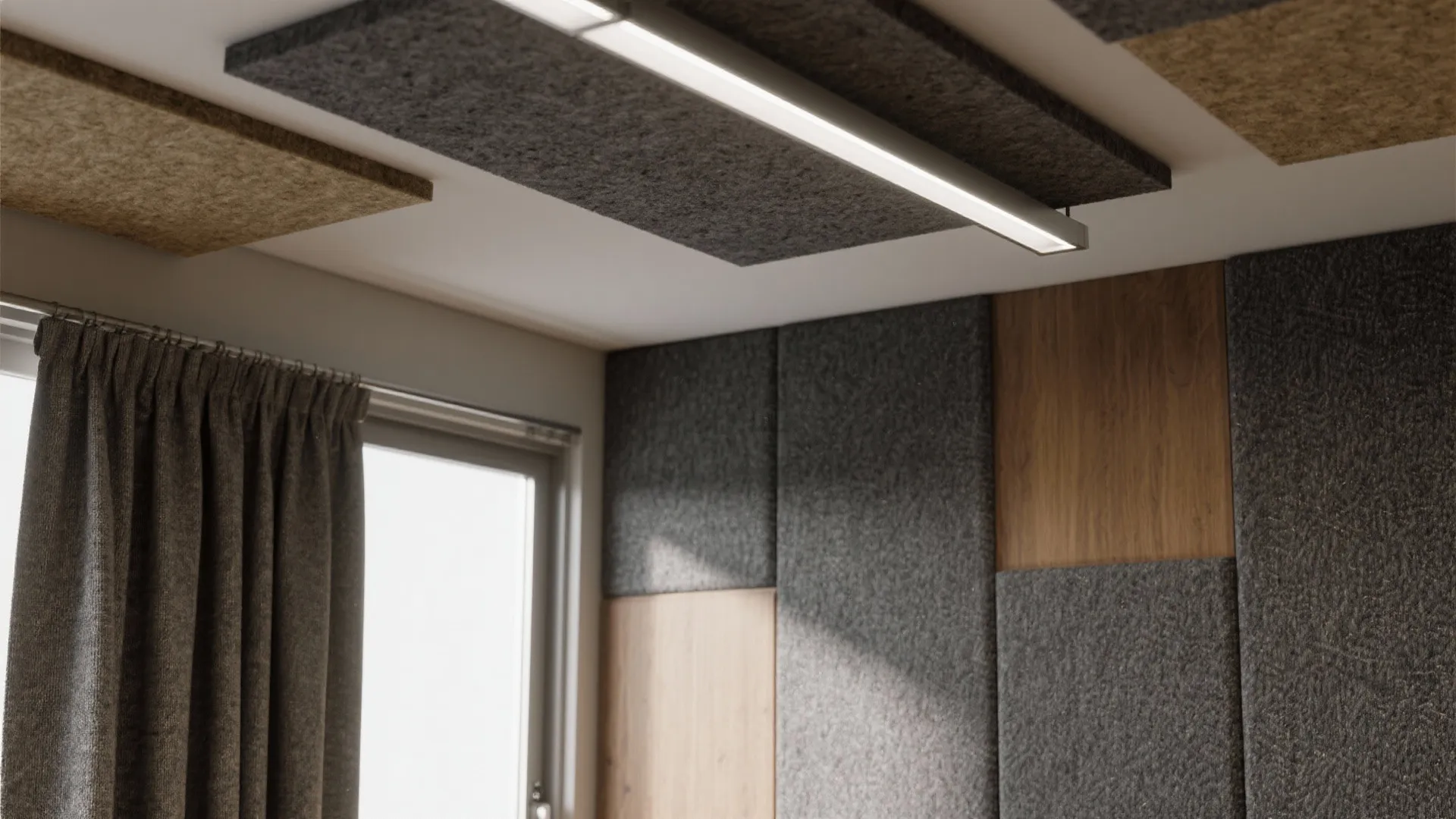 Modern office interior with grey soundproof wall panels wooden textures ceiling lights and brown curtains