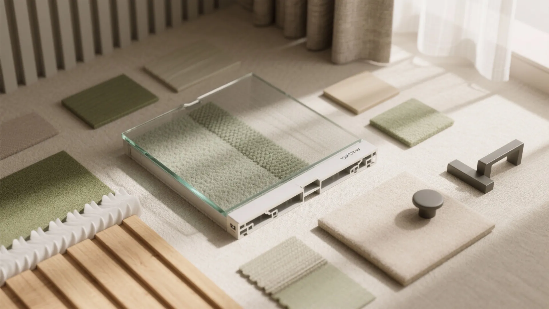 Material mood board showing green fabric samples glass panel wood slats and metal door handles