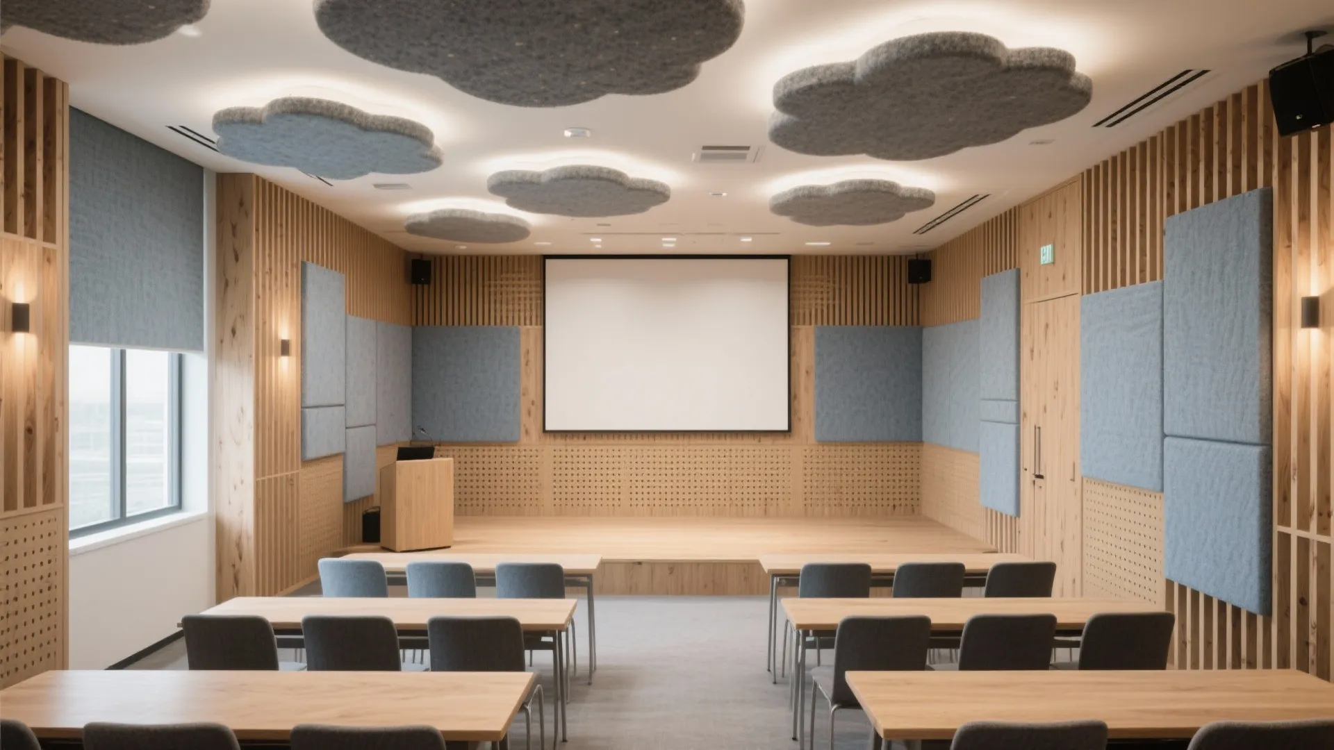 Layered acoustic strategy: panels, ceiling clouds, and soft surfaces