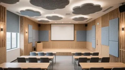 Modern Auditorium Design with Acoustic Clouds & Warm Wood Finishes