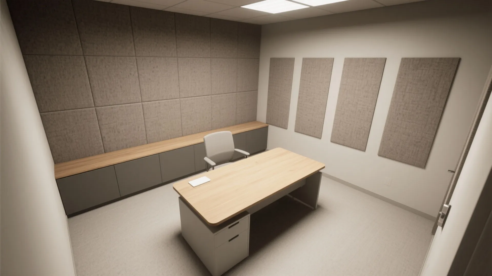 Modern office room with wood desk grey chair and wall panels for better sound quality