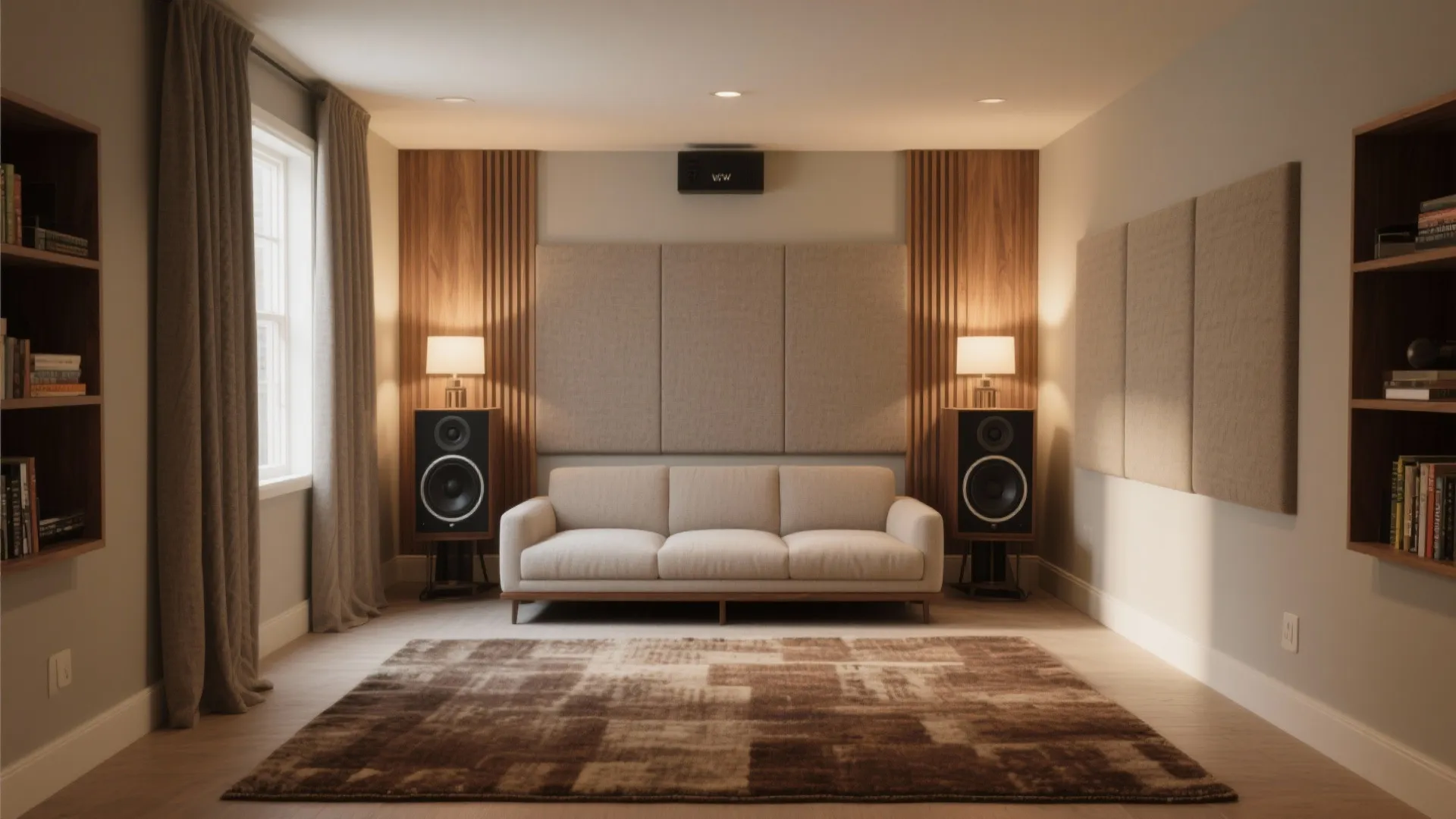Beige sofa sitting between two tall speakers and wall panels in a modern home theater room