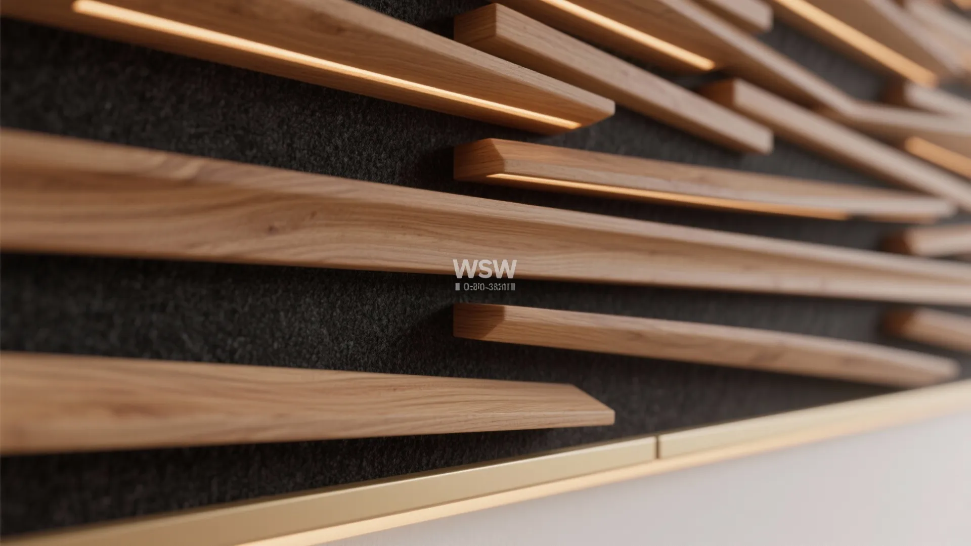 Modern wood wall panel design with warm light strips and dark grey acoustic fabric texture