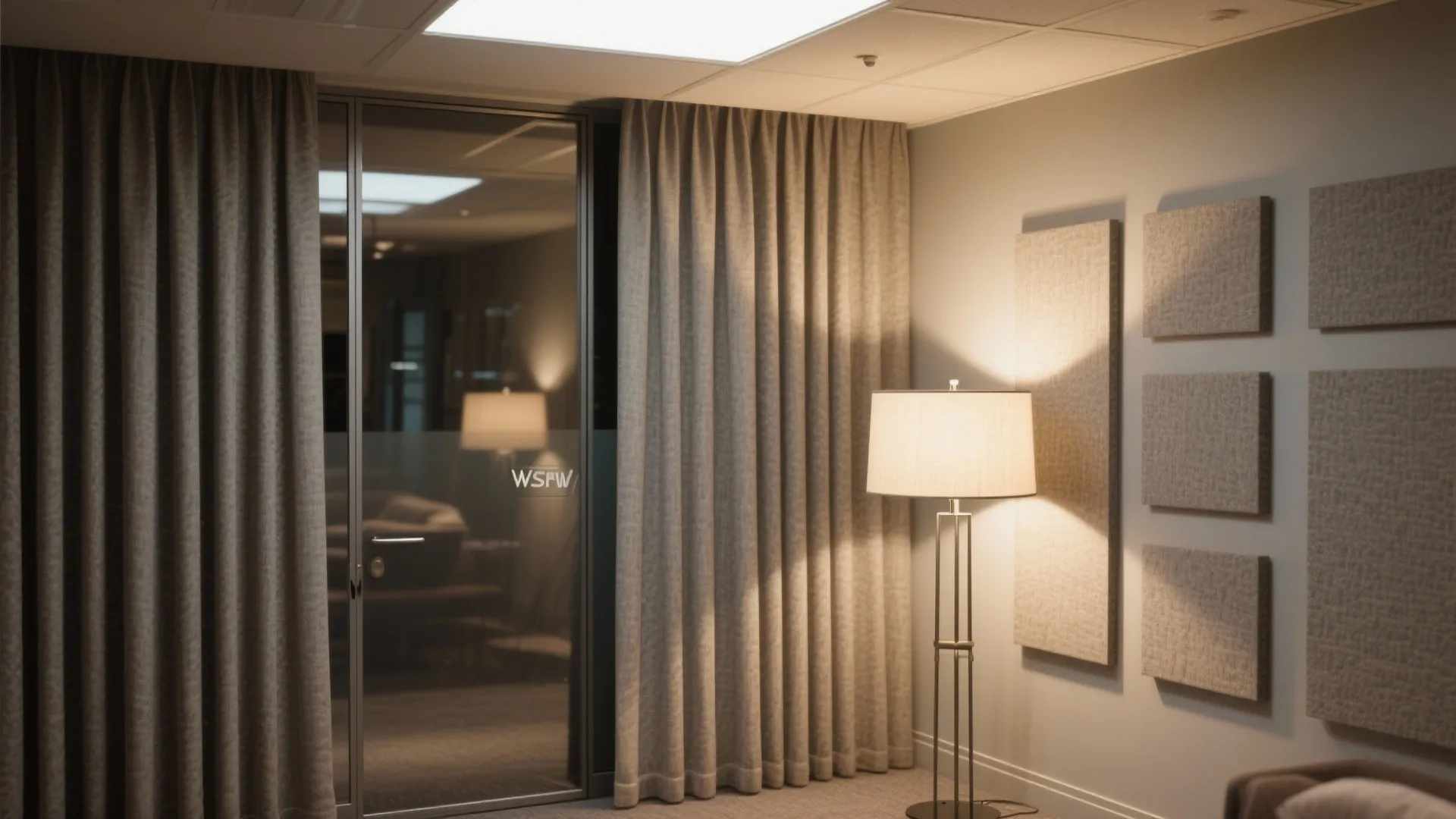 Study room with fabric acoustic panels, dense curtains, and layered lighting including ambient, task, and wall wash.