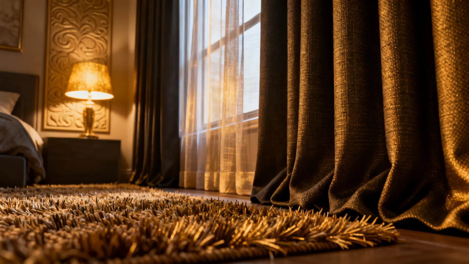 Close-up of blackout curtains, thick rug, and fabric wall panels improving sleep quality