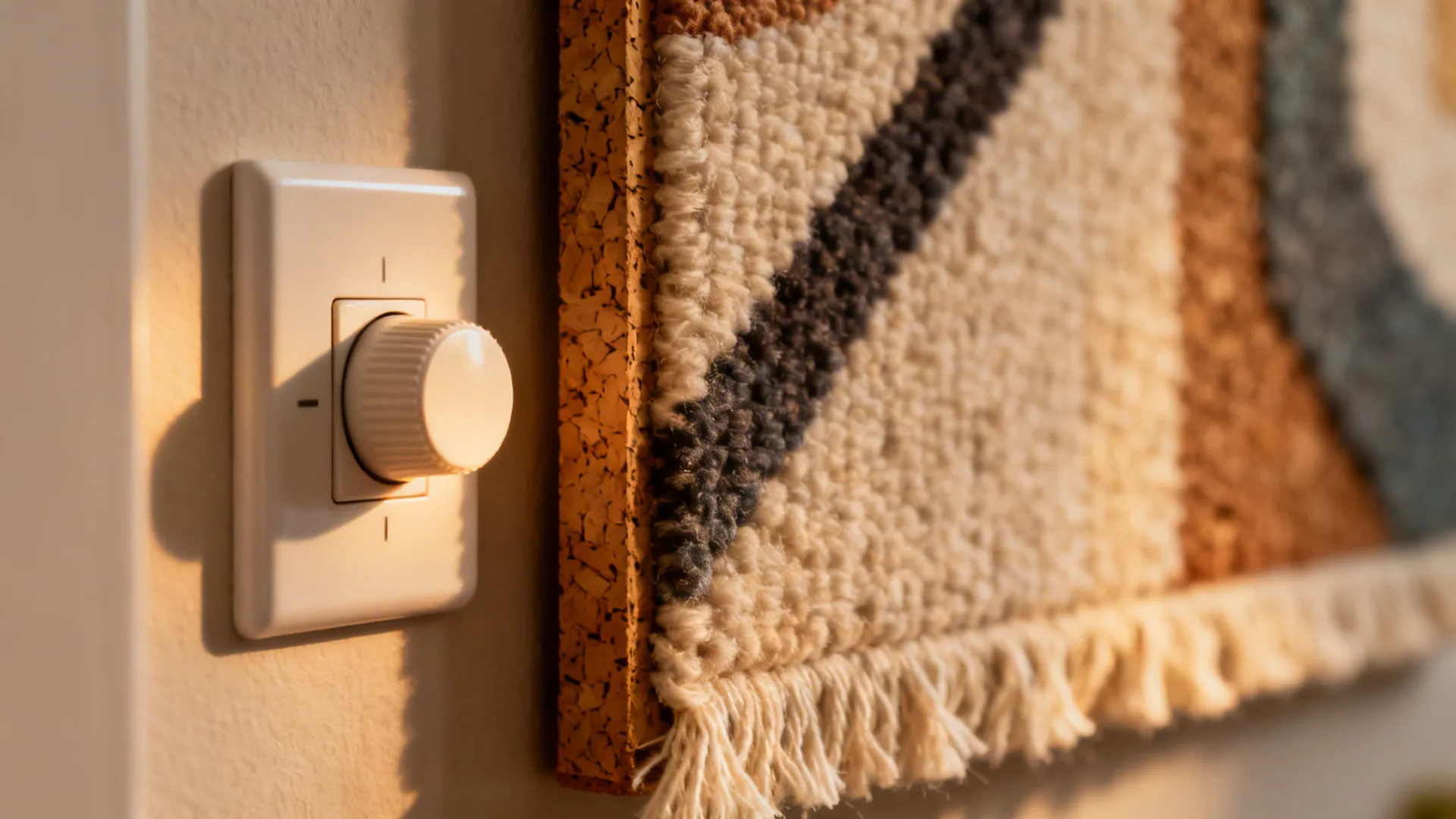 Close up of a white light dimmer switch next to a textured fabric wall hanging