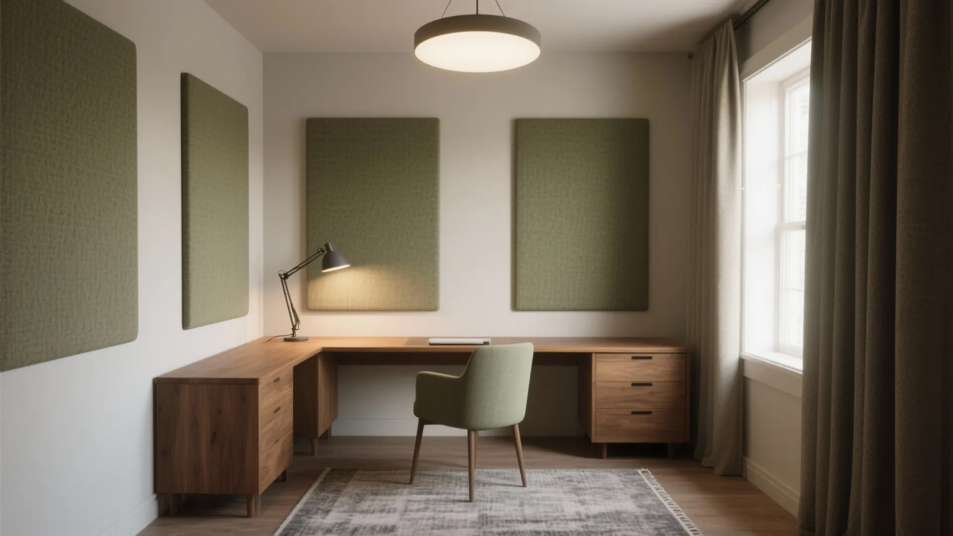 Modern home office with wooden corner desk green chair ceiling light and green acoustic wall panels