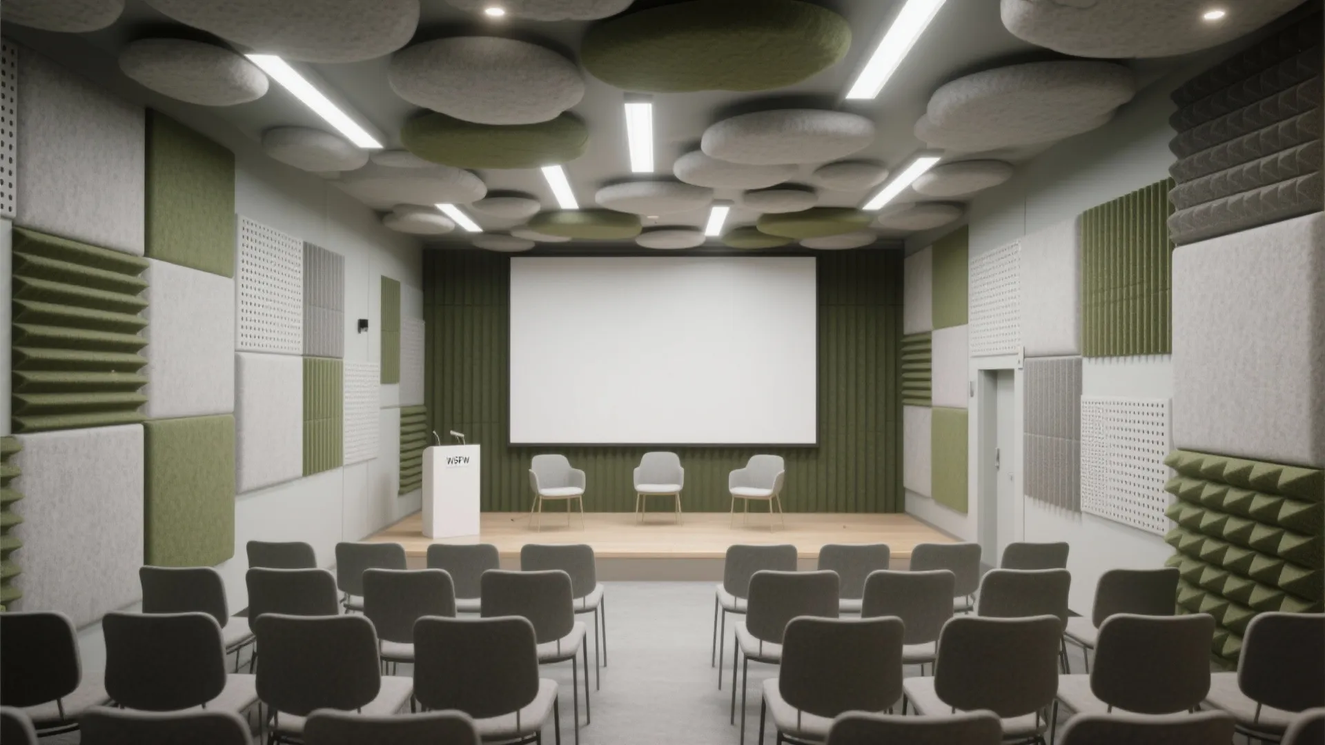 Multipurpose hall with wall panels, ceiling clouds, bass traps, and tunable-white lighting.
