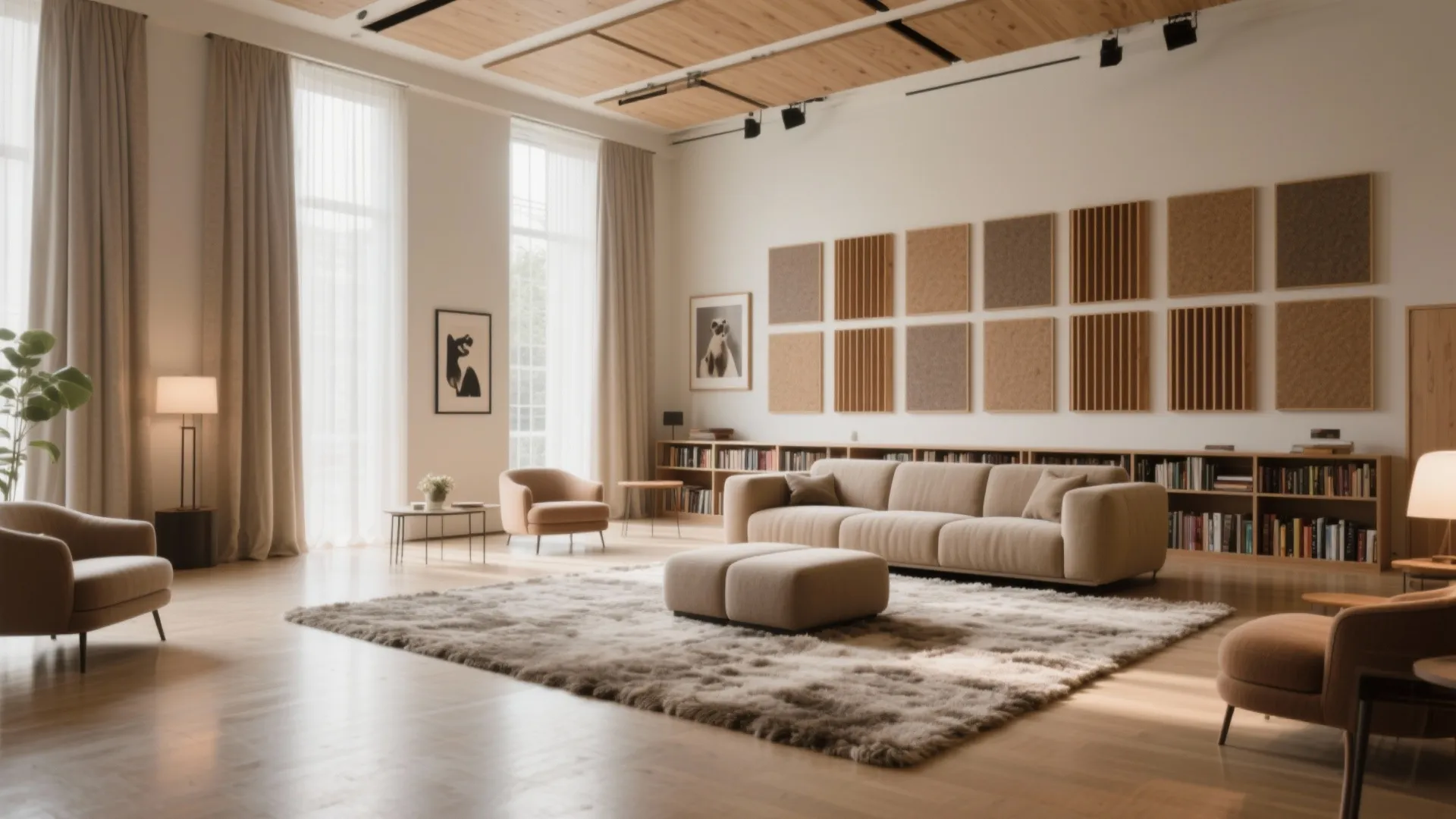 Spacious living room featuring tan sofa wall panels book shelves floor rug and large windows