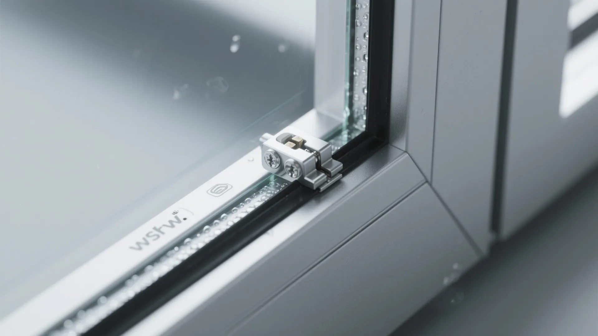 Close up of metal lock mechanism on silver window frame with water drops on glass