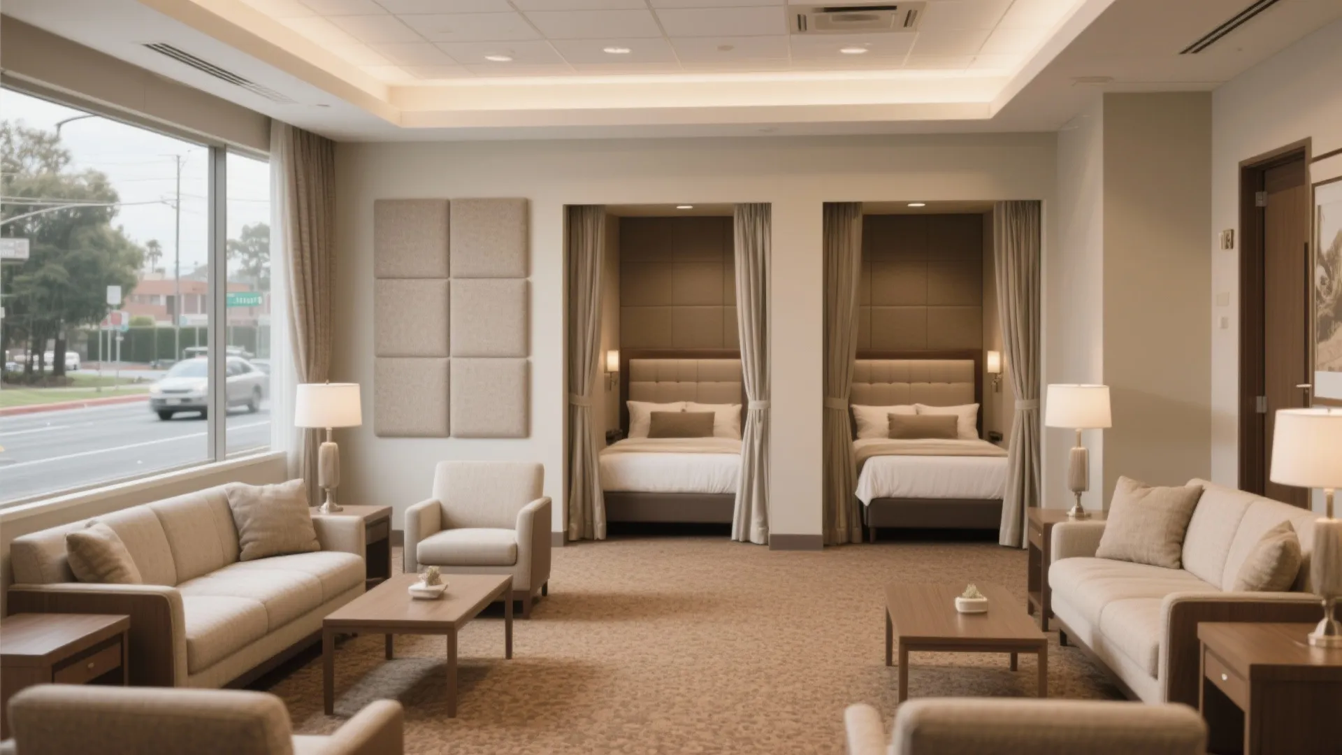 Spacious lounge room with beige sofas wooden coffee tables wall panel and two curtained sleeping beds