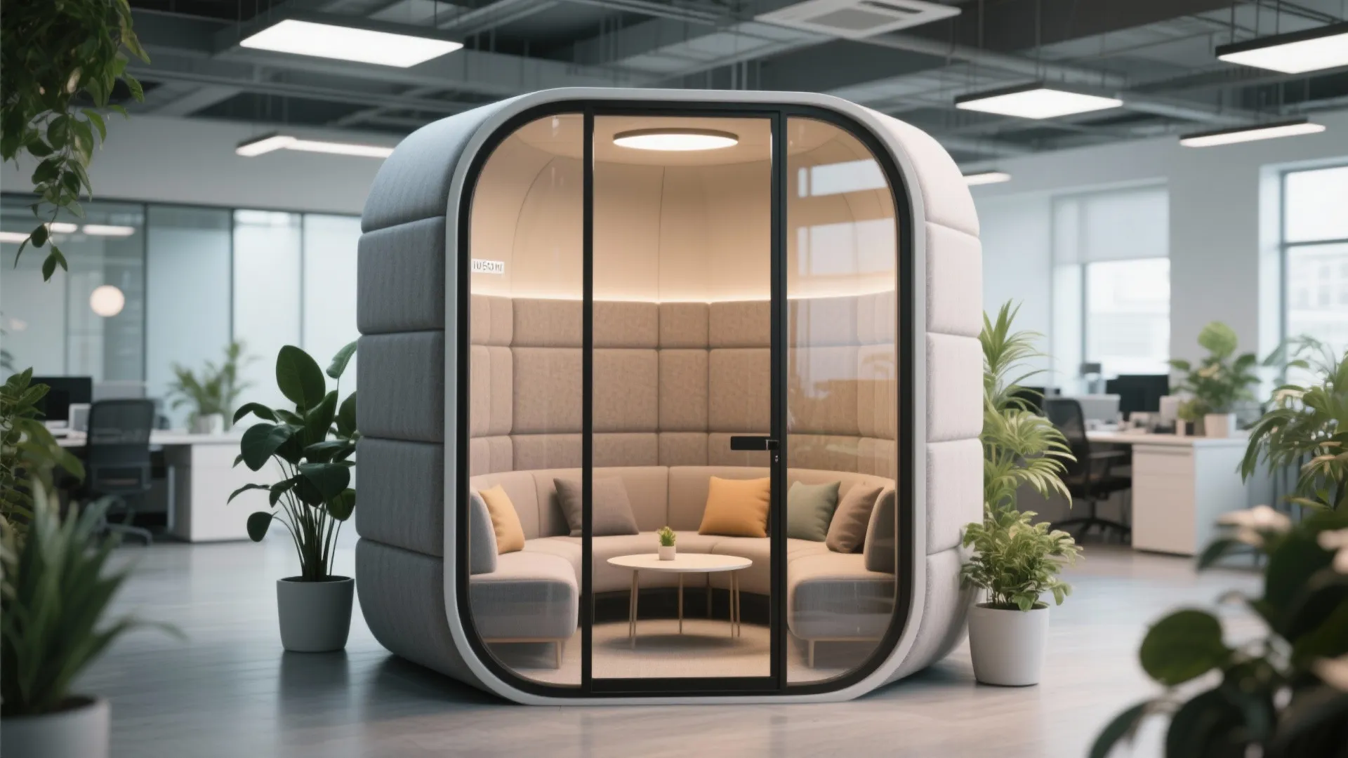 Modern office meeting booth with a glass door containing a sofa and a small table