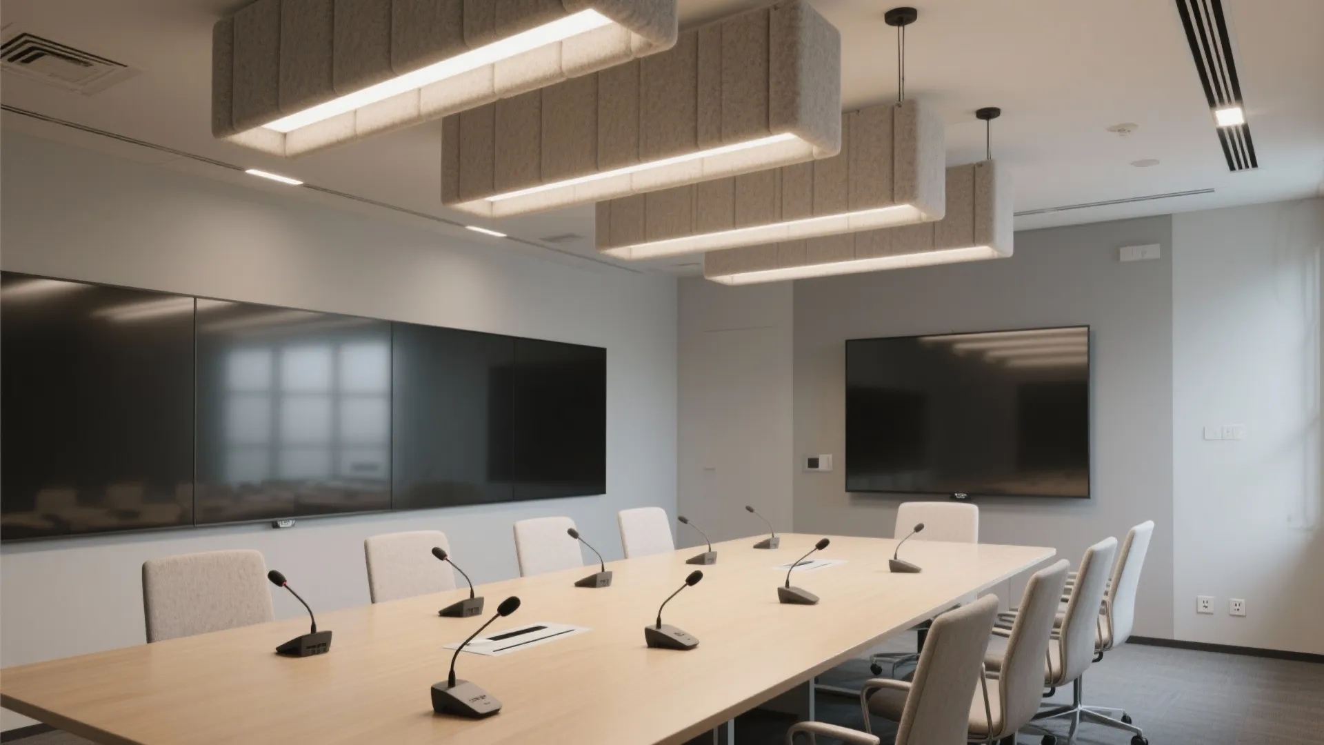 Conference room with acoustic baffle pendants providing soft indirect lighting above the table.
