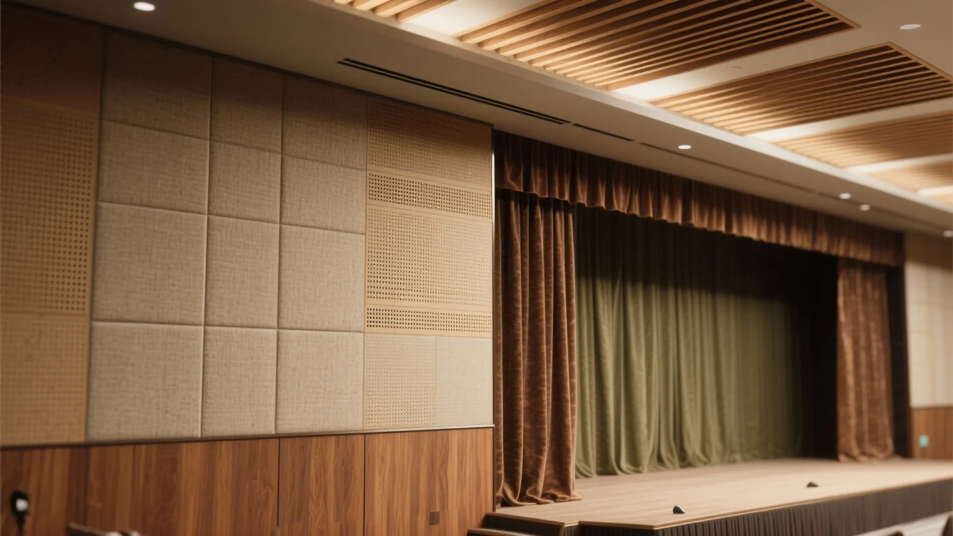 Close-up of beige wall panels and brown curtains on a wooden stage with ceiling lights