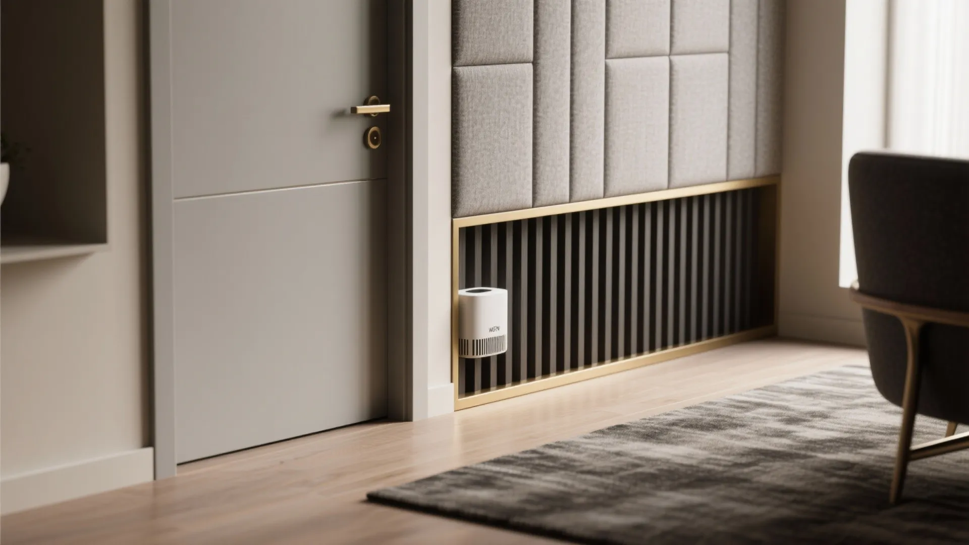 Modern wall panel design near door featuring grey fabric squares wooden slats and small white device