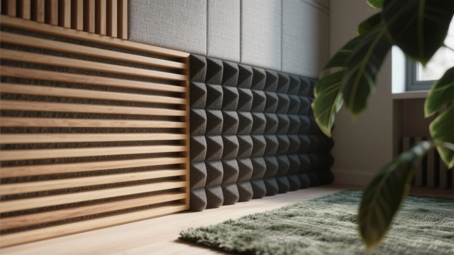 Textured wall panel featuring wooden bars and grey sound foam near a soft floor rug
