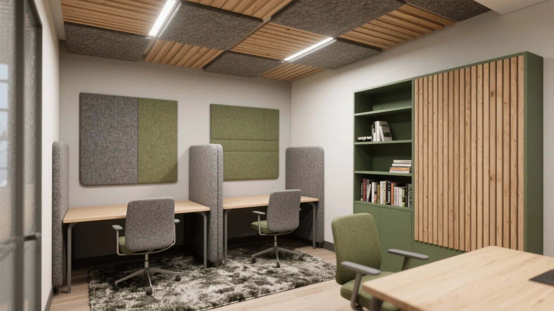 Office room with two desks grey chairs green cabinet wooden ceiling and green wall panel decorations