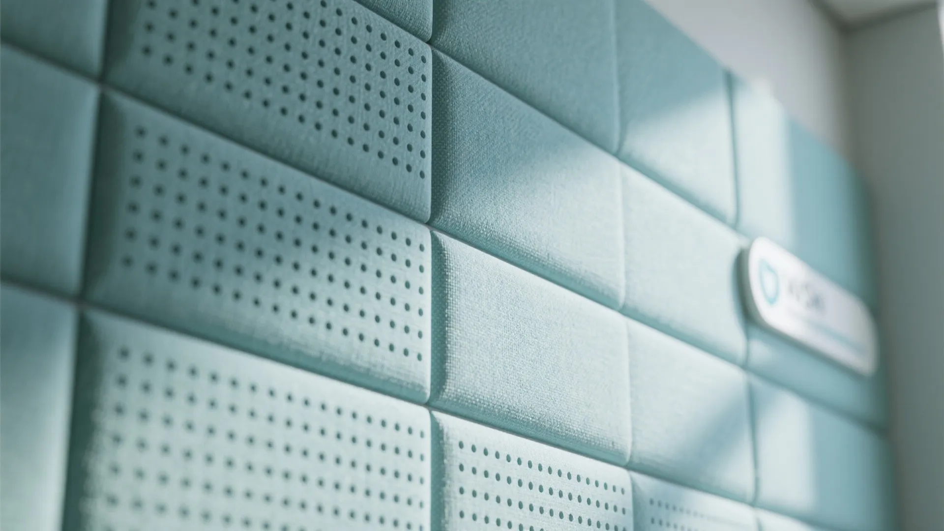 Close up of light blue wall panel with small holes for sound absorption in office