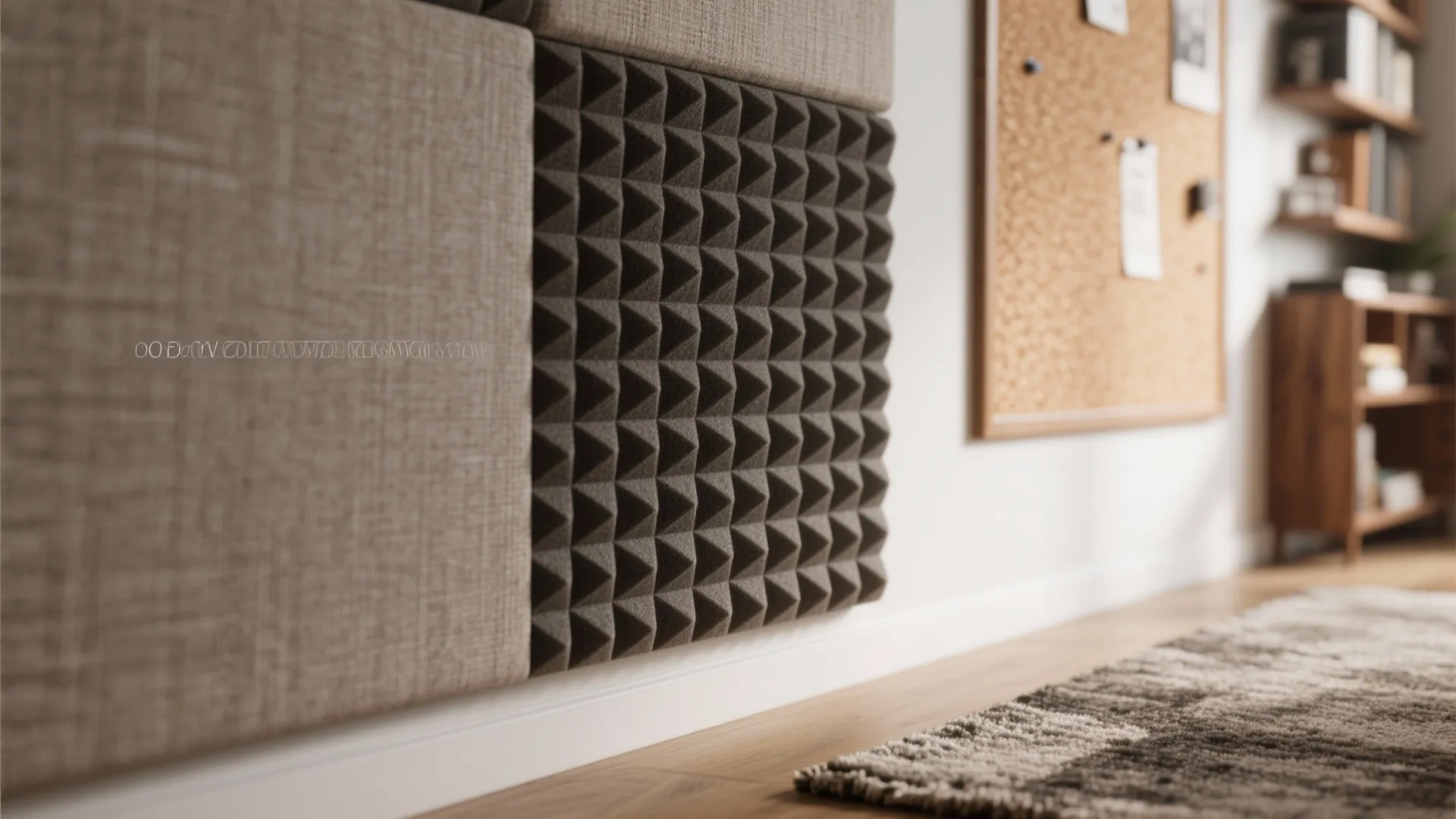 Close up of gray wall foam panels in a room with a wooden bulletin board