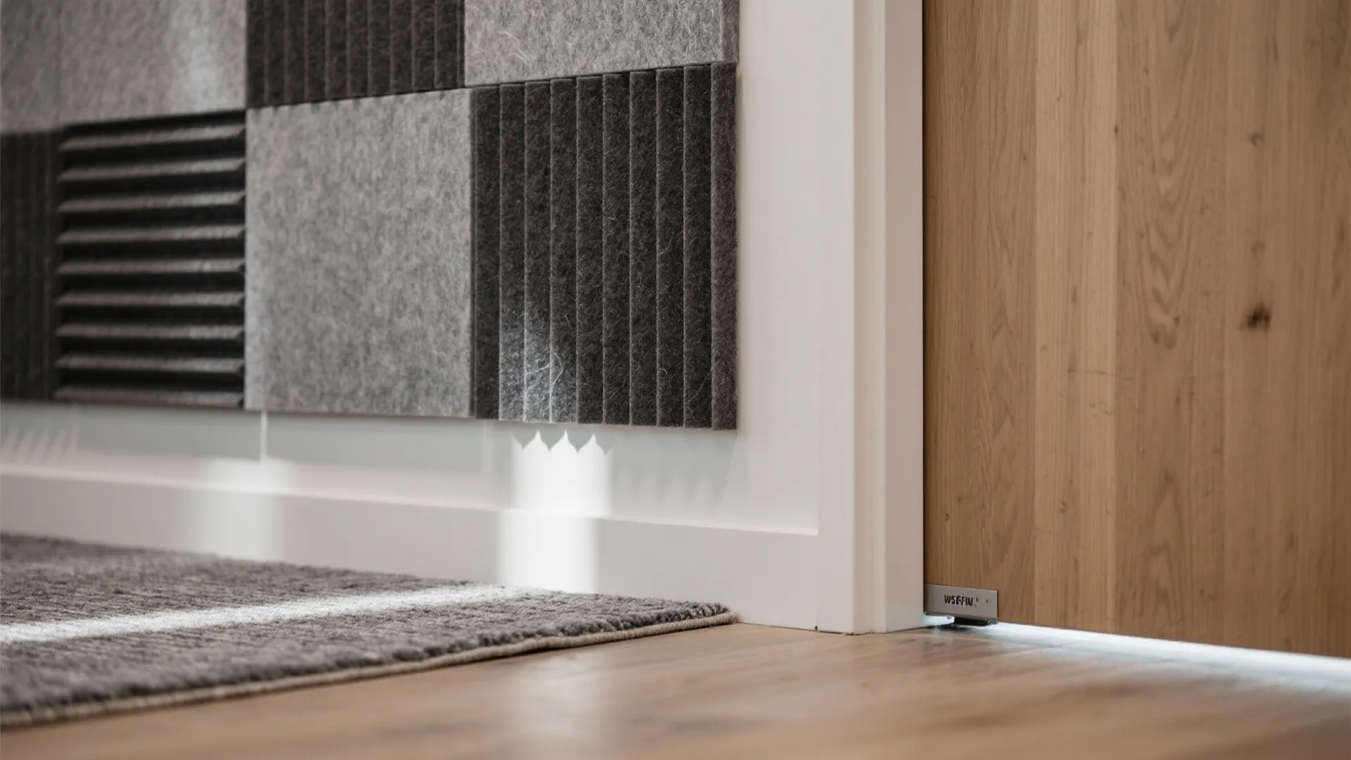 Close up of grey wall panel next to a wooden door and a grey rug