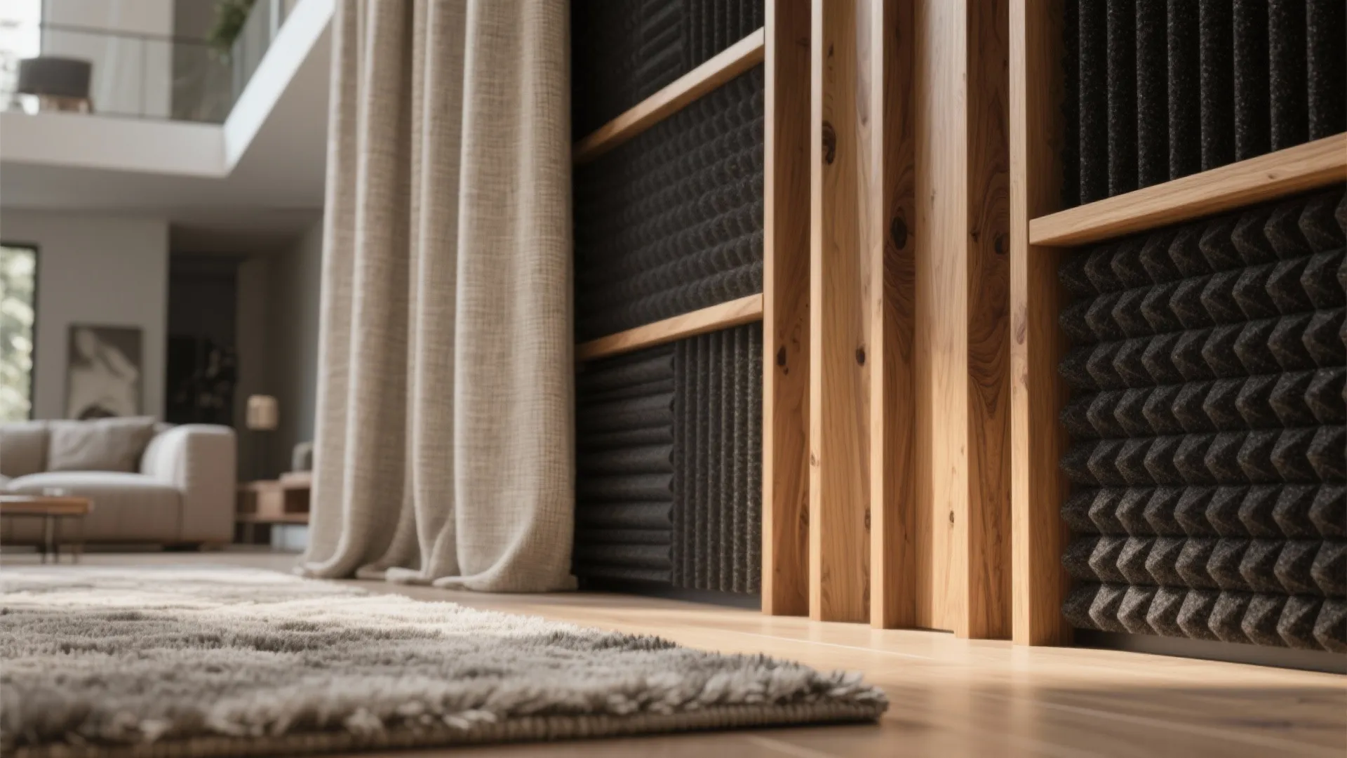 Close view of dark grey wall panel with wood slats next to beige curtains and rug
