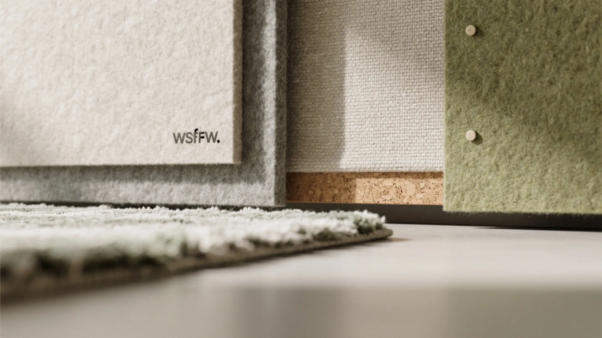 Macro view of PET felt acoustic panel, linen pinboard, and thick wool rug layers.