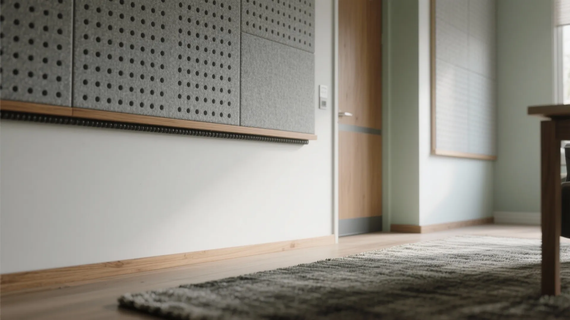 Macro detail of acoustic baffle, fabric wall panel, door seal, and rug edge in a calm study room.