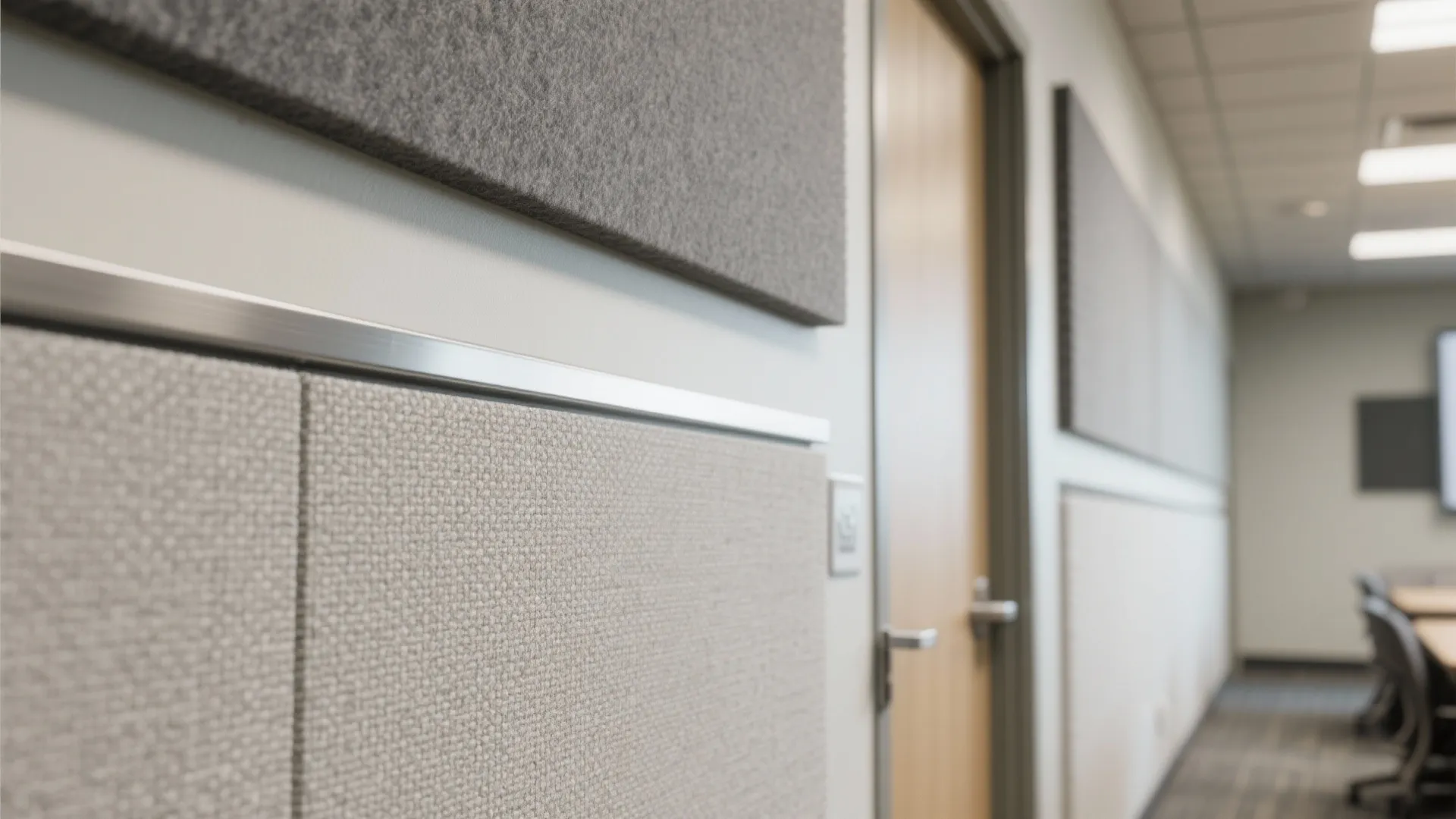 Close up of grey fabric wall panels in a modern office hallway near a door