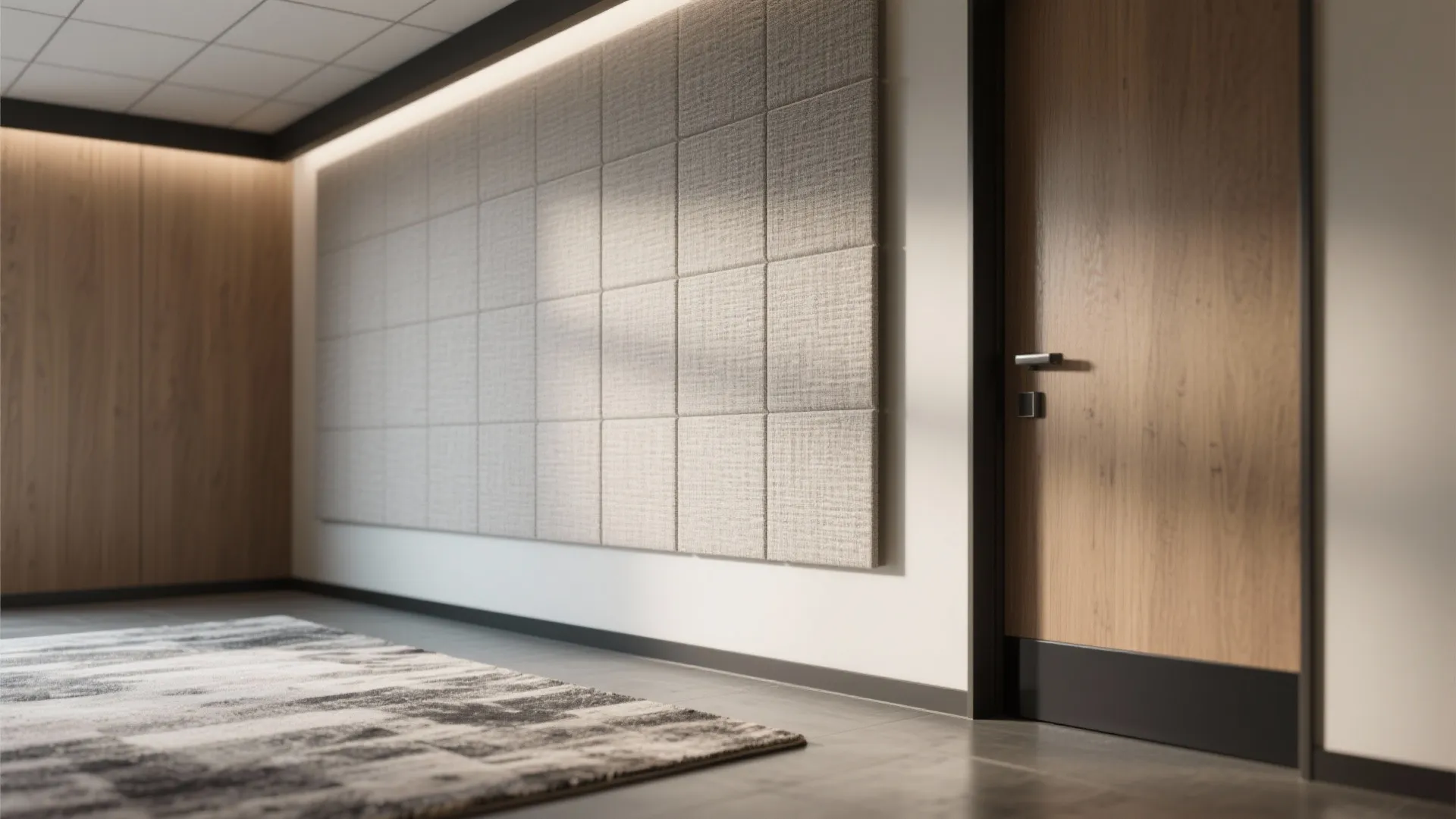 Modern office hallway with square wall panels wooden door grey carpet floor and warm ceiling lights