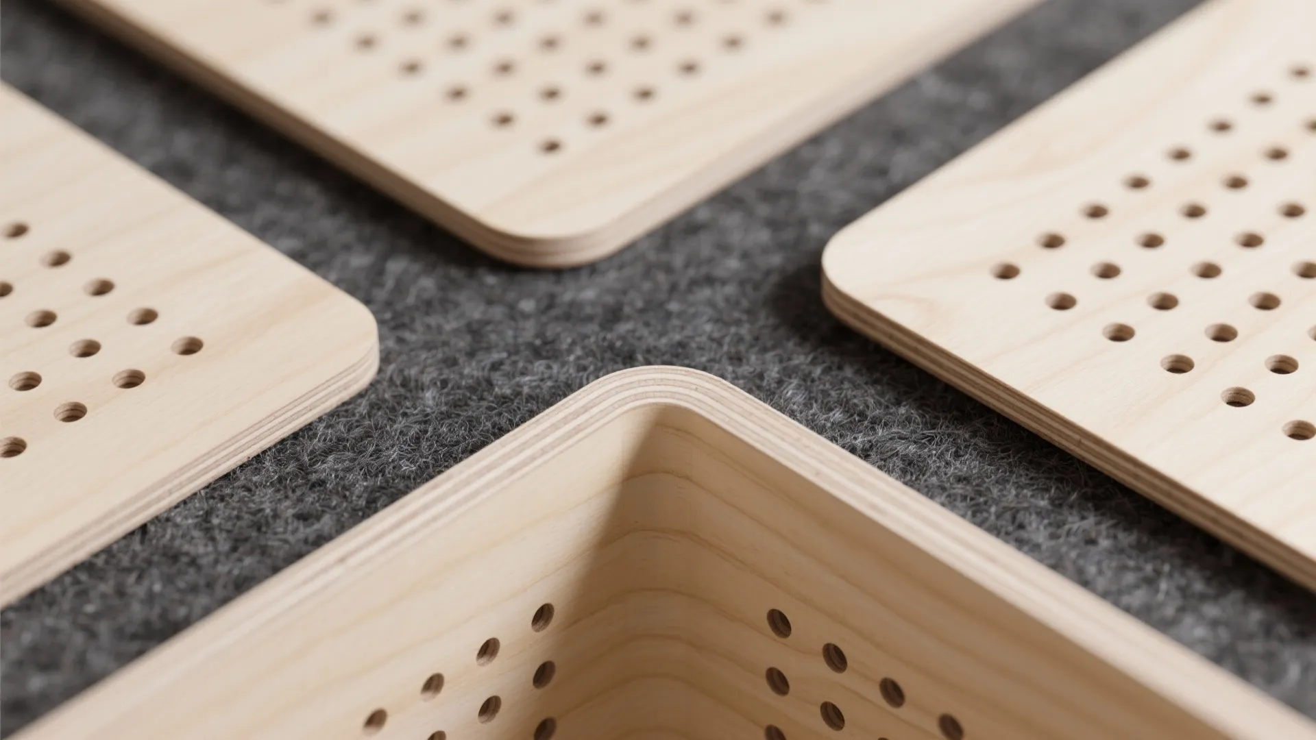Light wood panels with small holes and rounded corners on a grey textured fabric surface