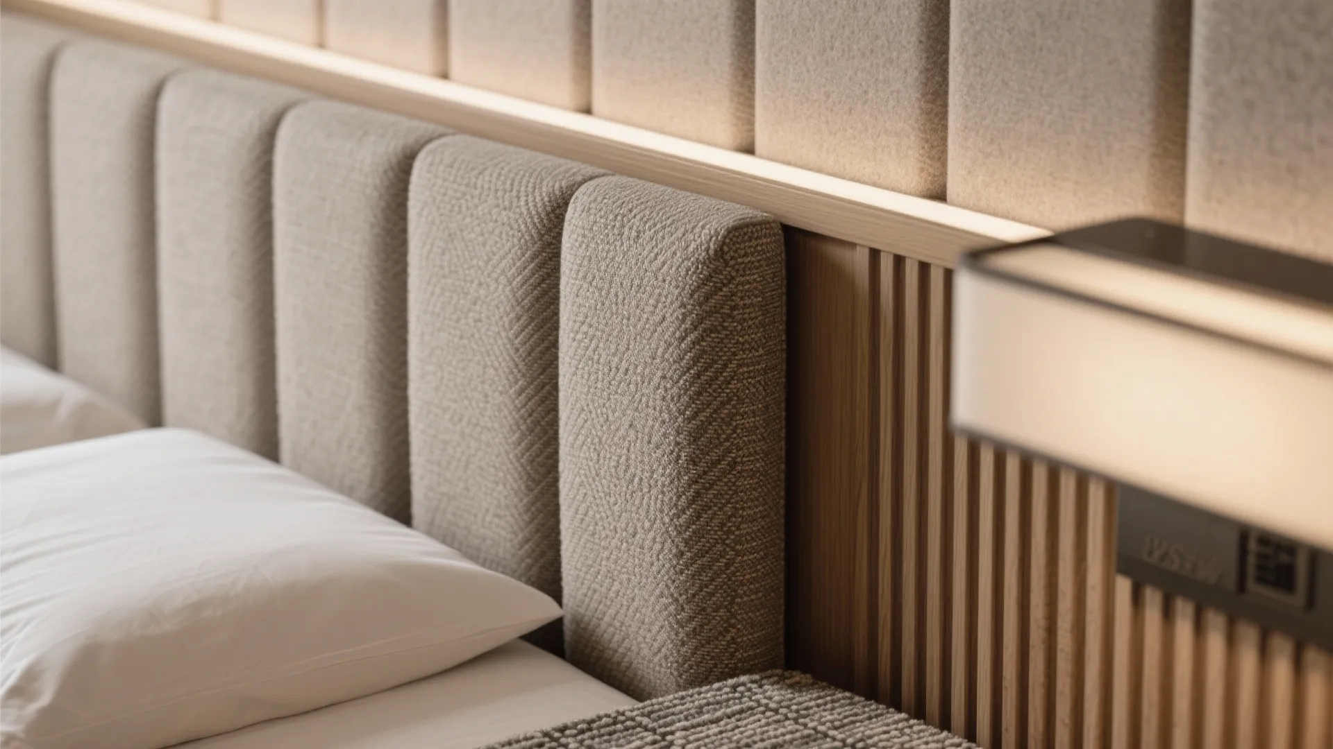 Close up of textured grey fabric headboard with wood wall panel and warm light fixture detail