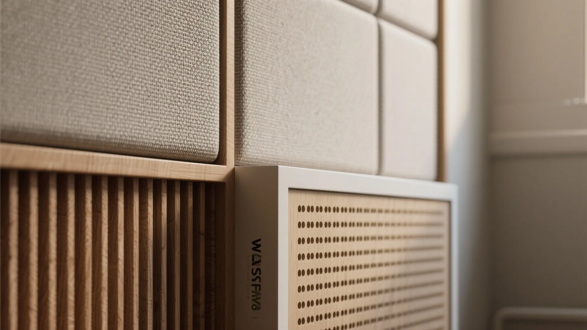 Close up of decorative wall panel materials featuring fabric surfaces and vertical wooden slat design